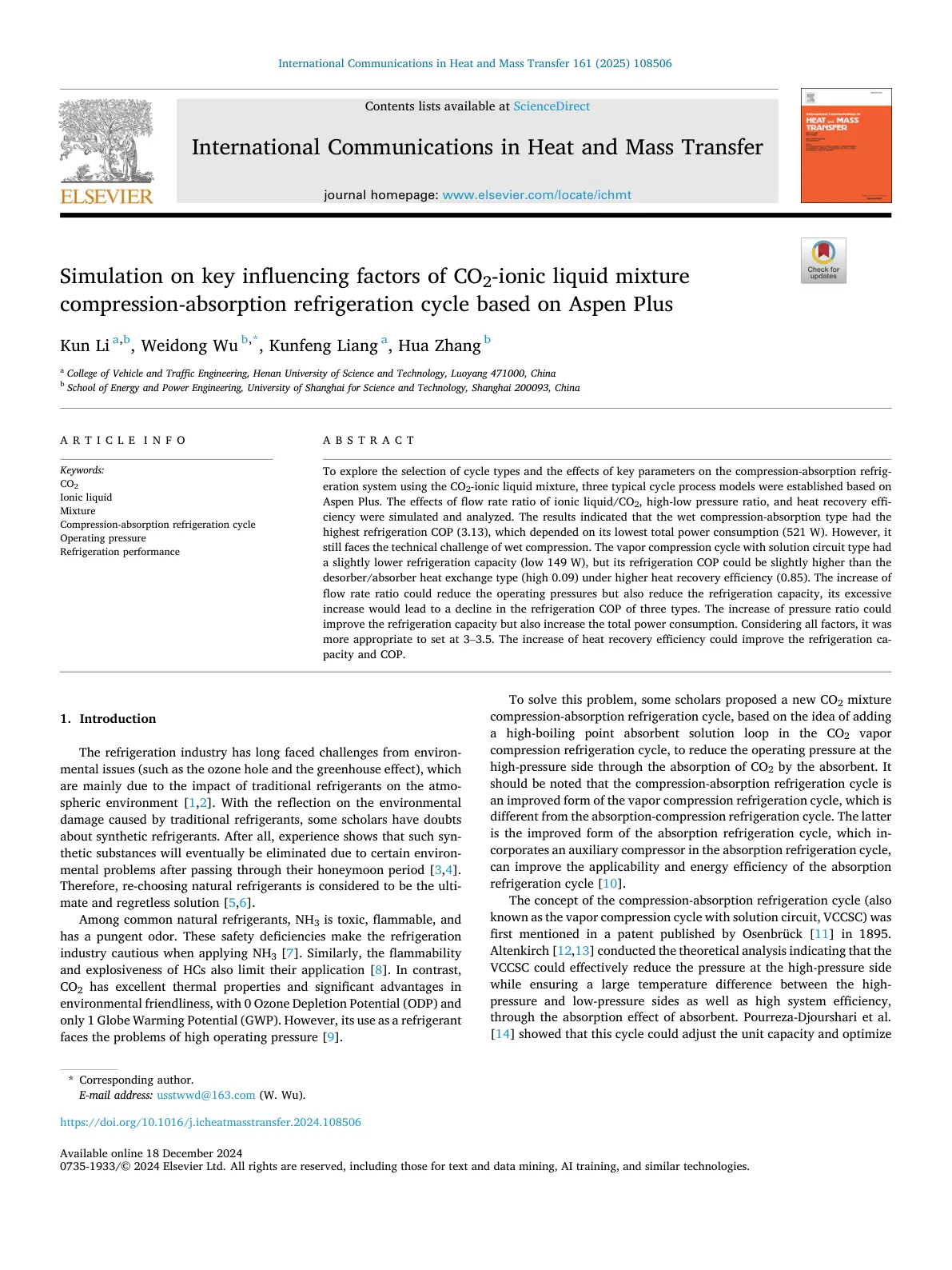 غلاف تقرير Simulation on key influencing factors of CO2-ionic liquid mixture compression-absorption refrigeration cycle based on Aspen Plus