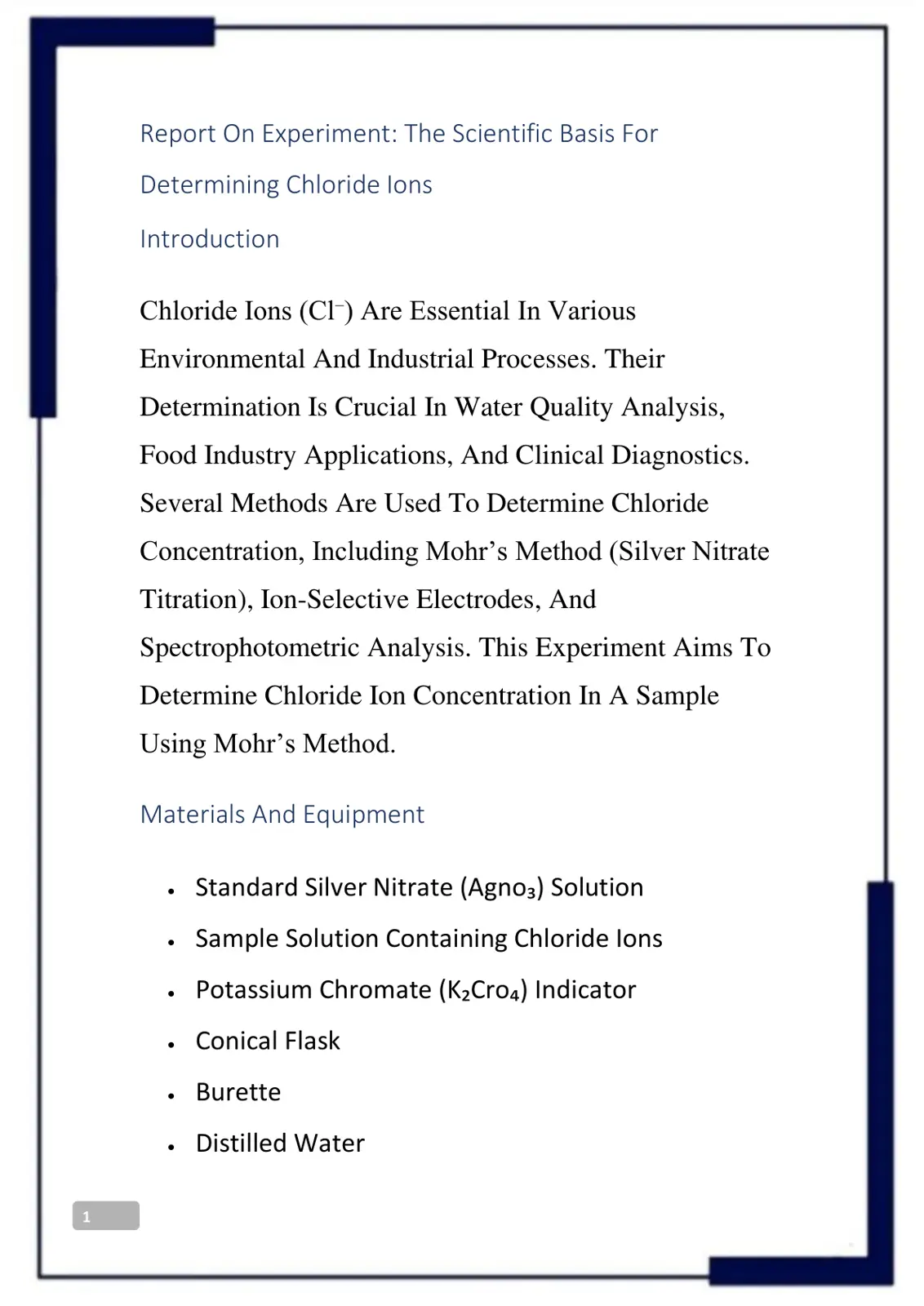 غلاف تقرير Report On Experiment: The Scientific Basis For Determining Chloride Ions