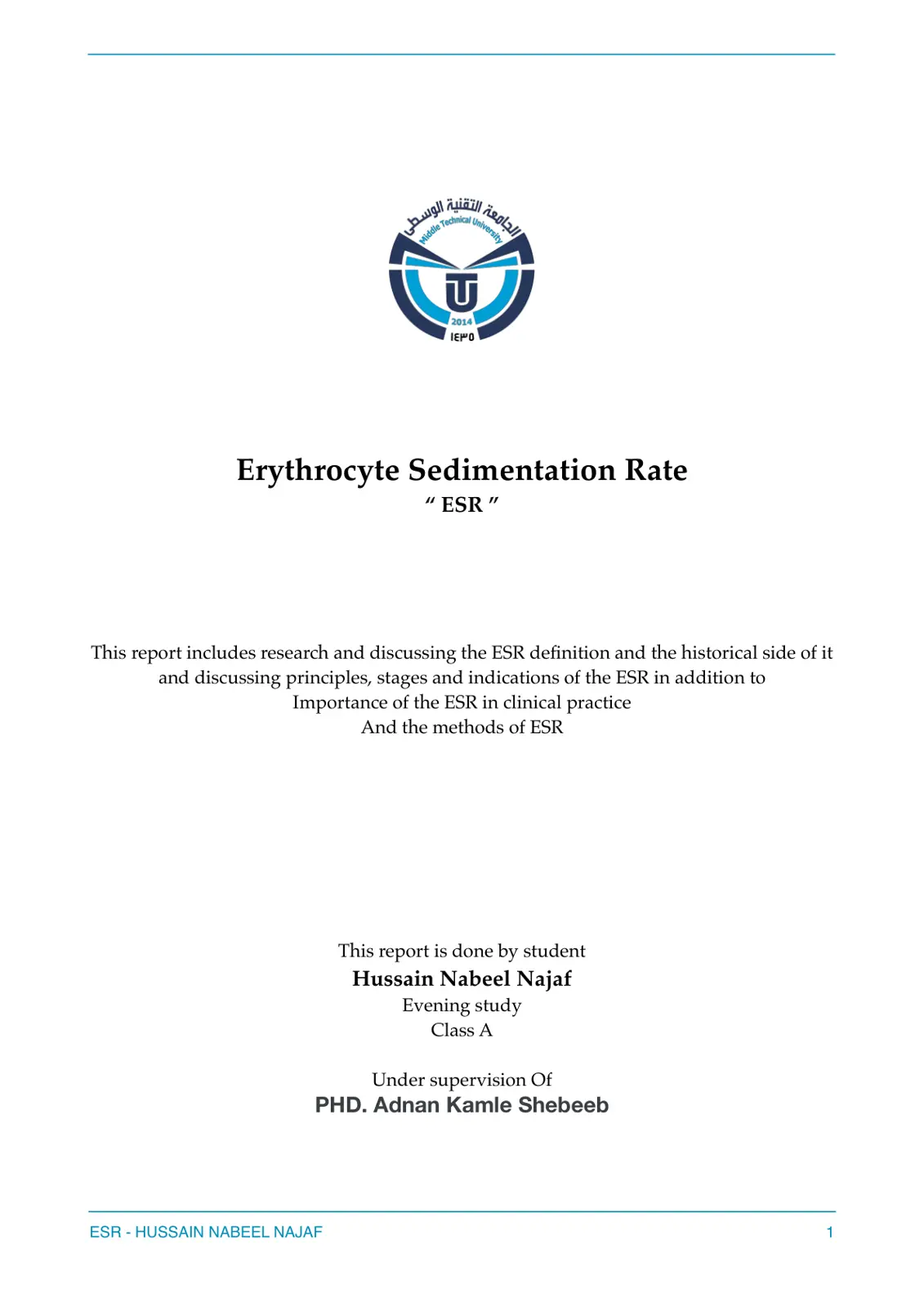 غلاف تقرير Erythrocyte Sedimentation Rate "ESR"