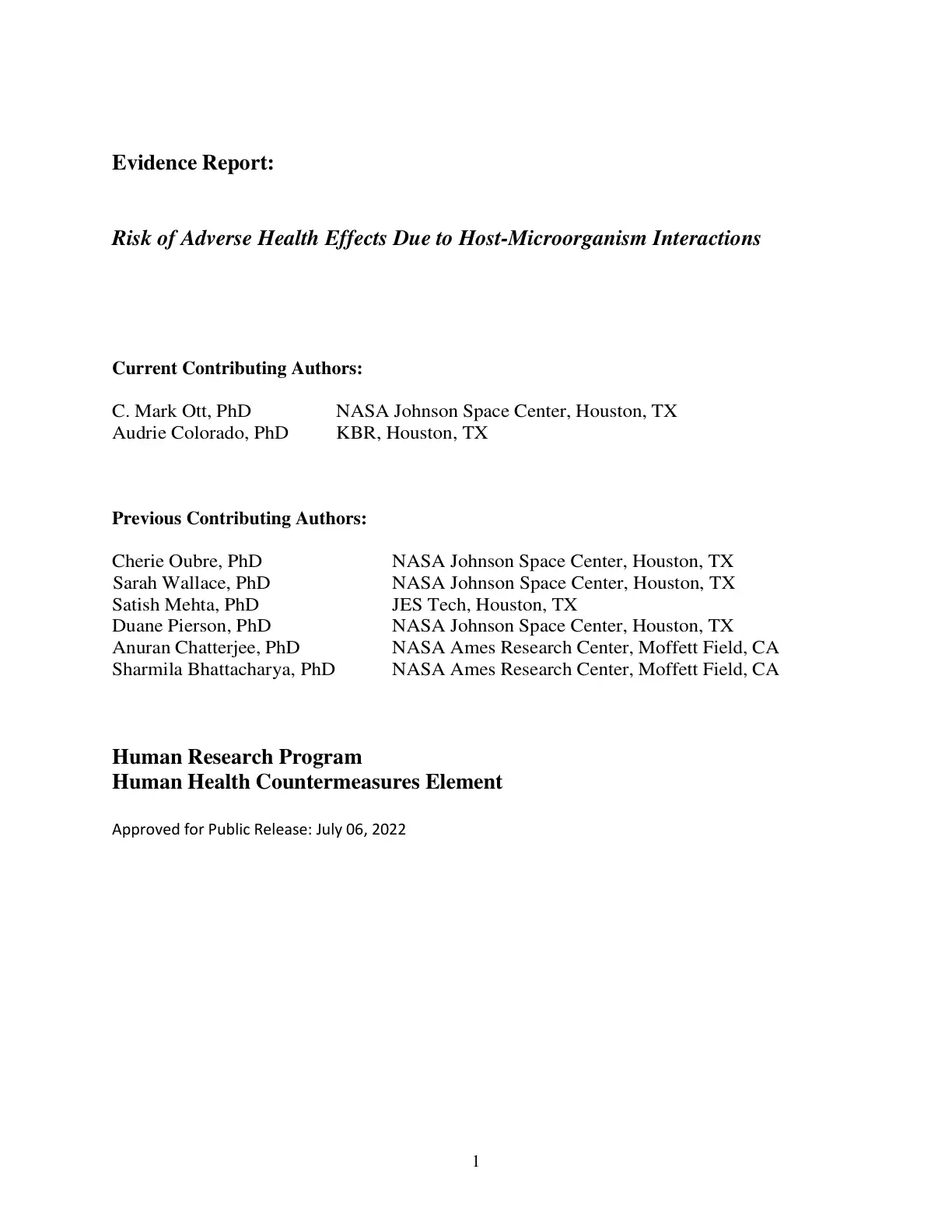 غلاف تقرير Evidence Report: Risk of Adverse Health Effects Due to Host-Microorganism Interactions