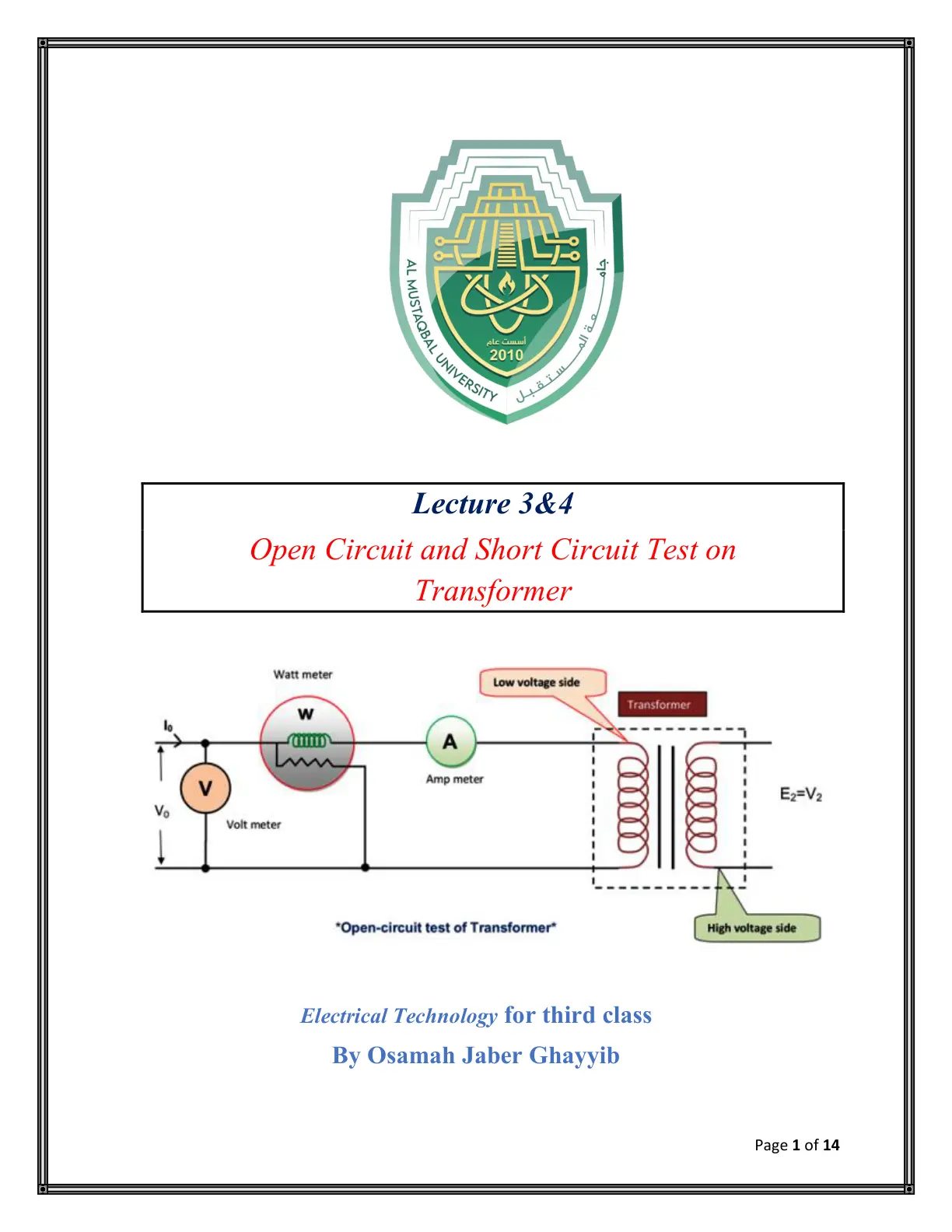 غلاف تقرير محاضرة 3&4: Open Circuit and Short Circuit Test on Transformer
