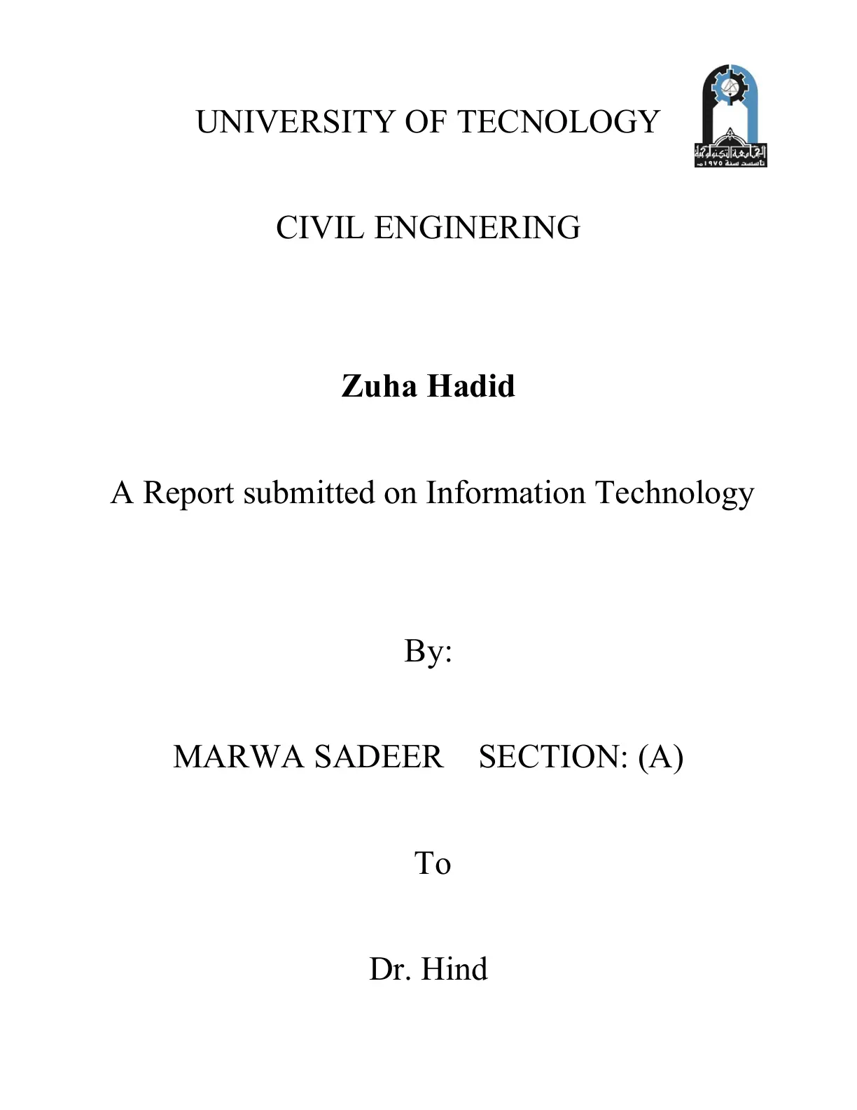 غلاف تقرير A Report Submitted on Information Technology – Zuha Hadid
