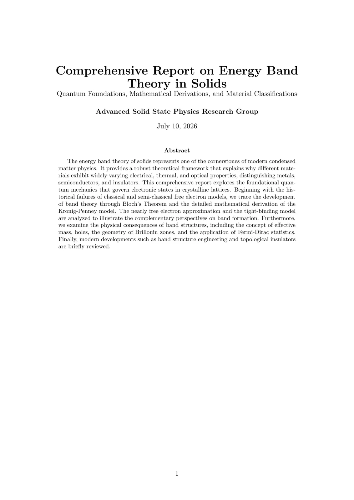 غلاف تقرير Comprehensive Report on Energy Band Theory in Solids