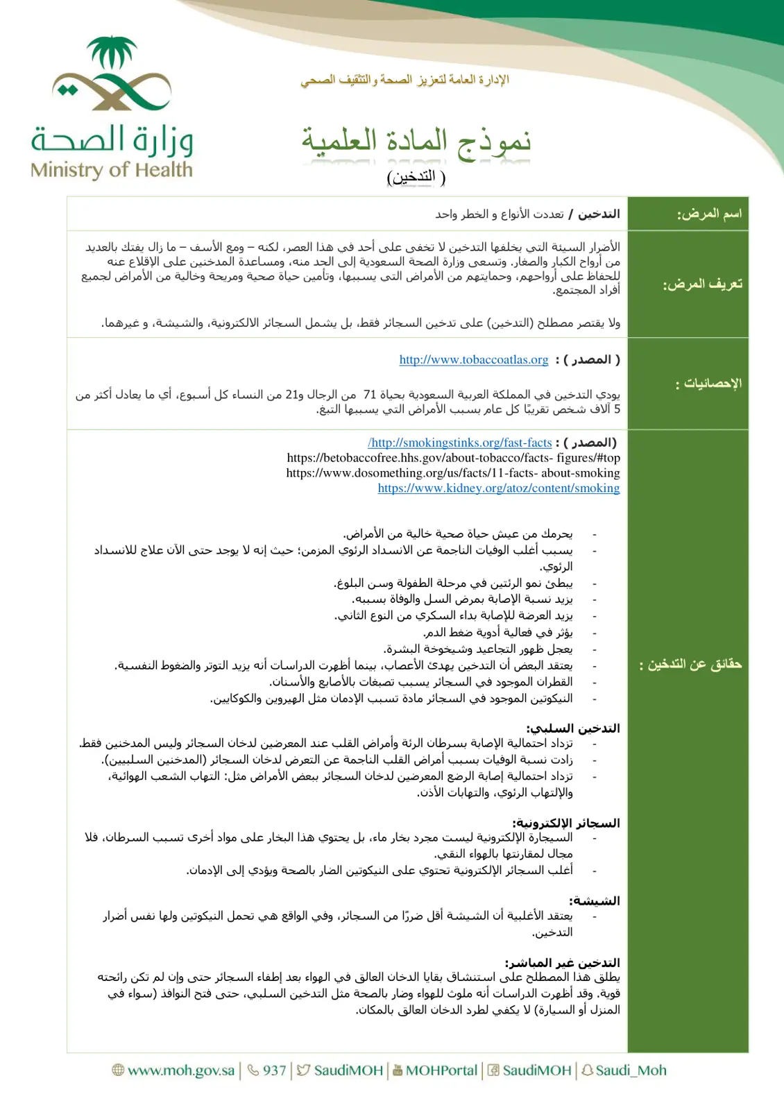 غلاف تقرير نموذج المادة العلمية (التدخين)