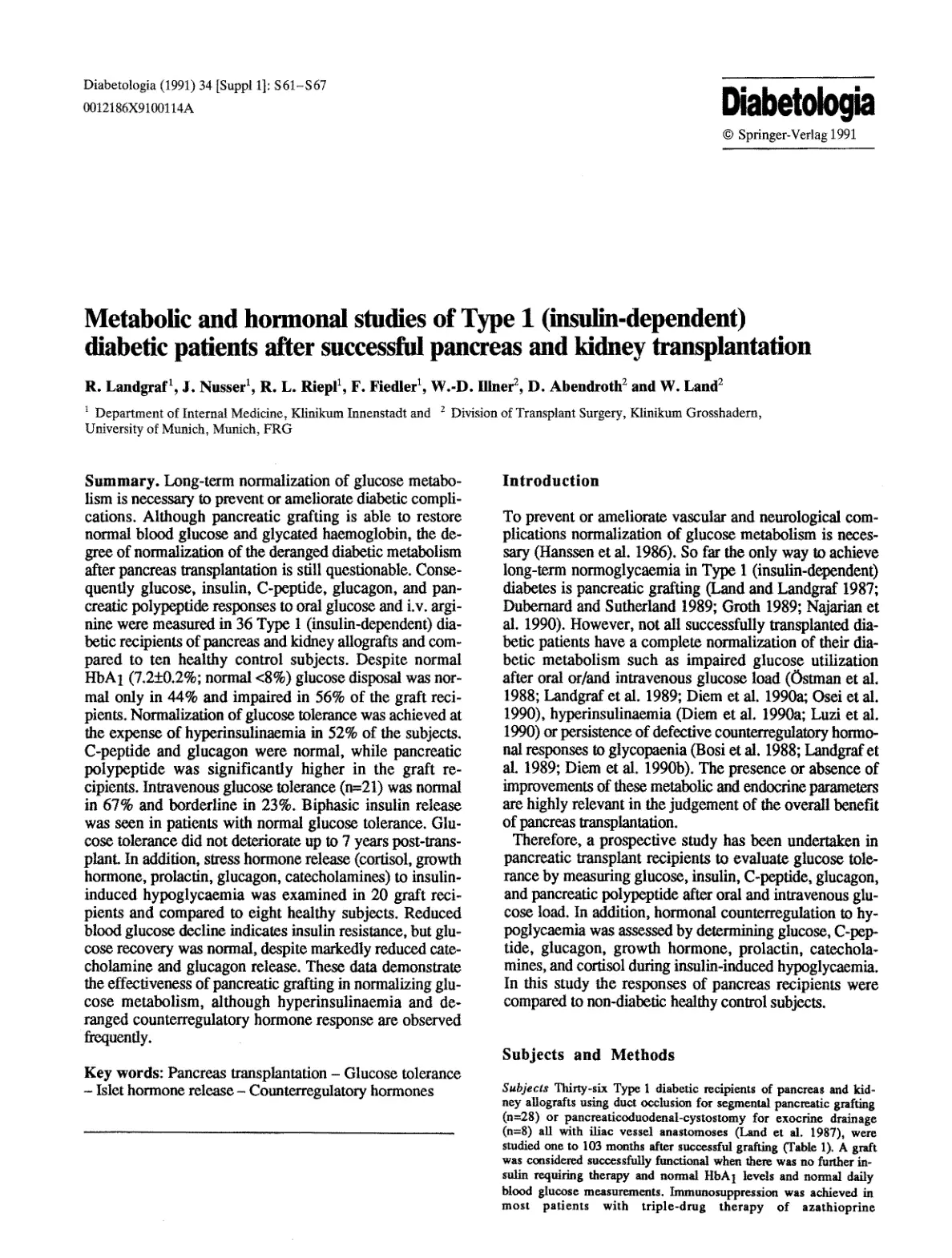 غلاف تقرير Metabolic and hormonal studies of Type 1 (insulin-dependent) diabetic patients after successful pancreas and kidney transplantation