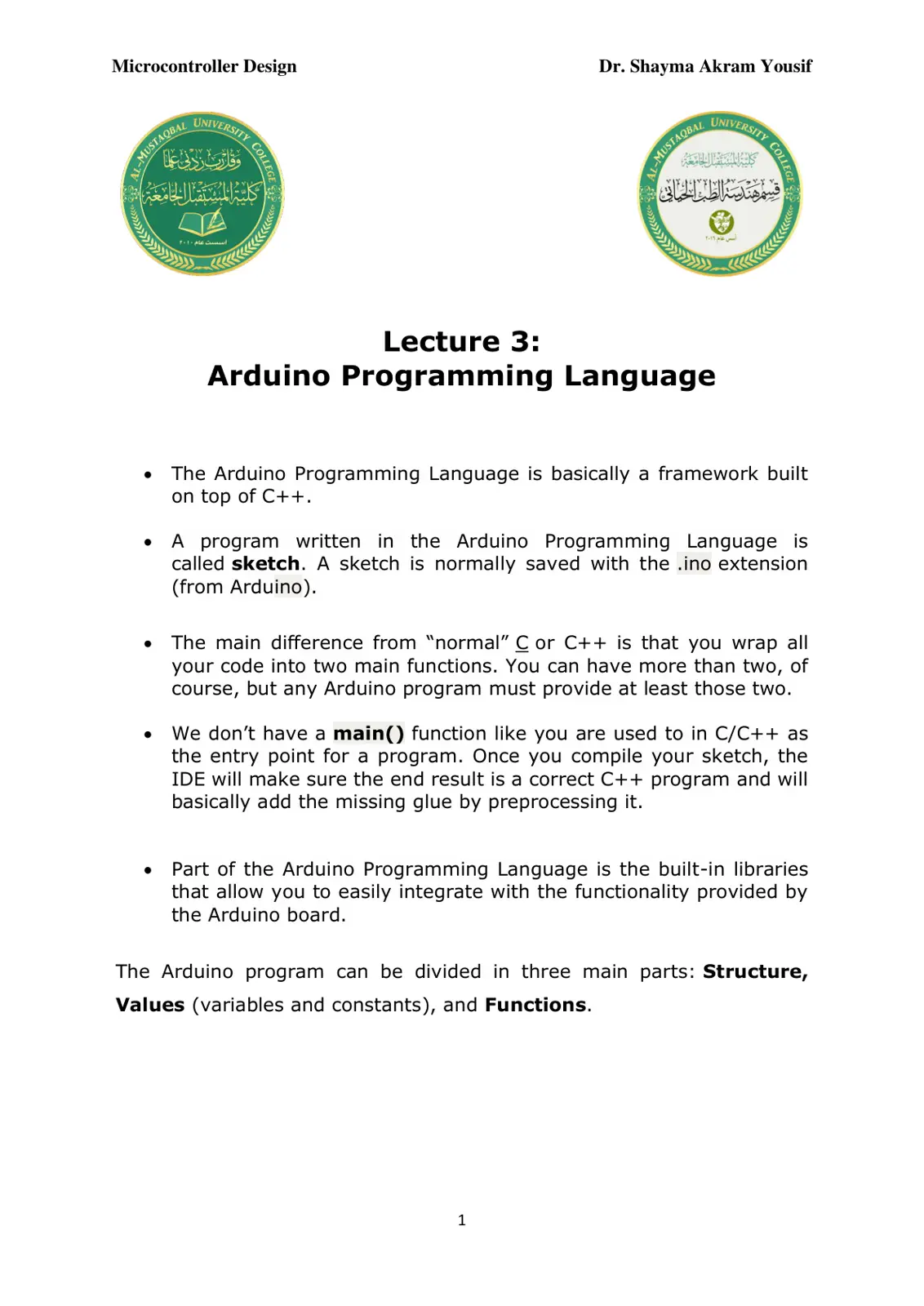 غلاف تقرير Microcontroller Design - Lecture 3: Arduino Programming Language
