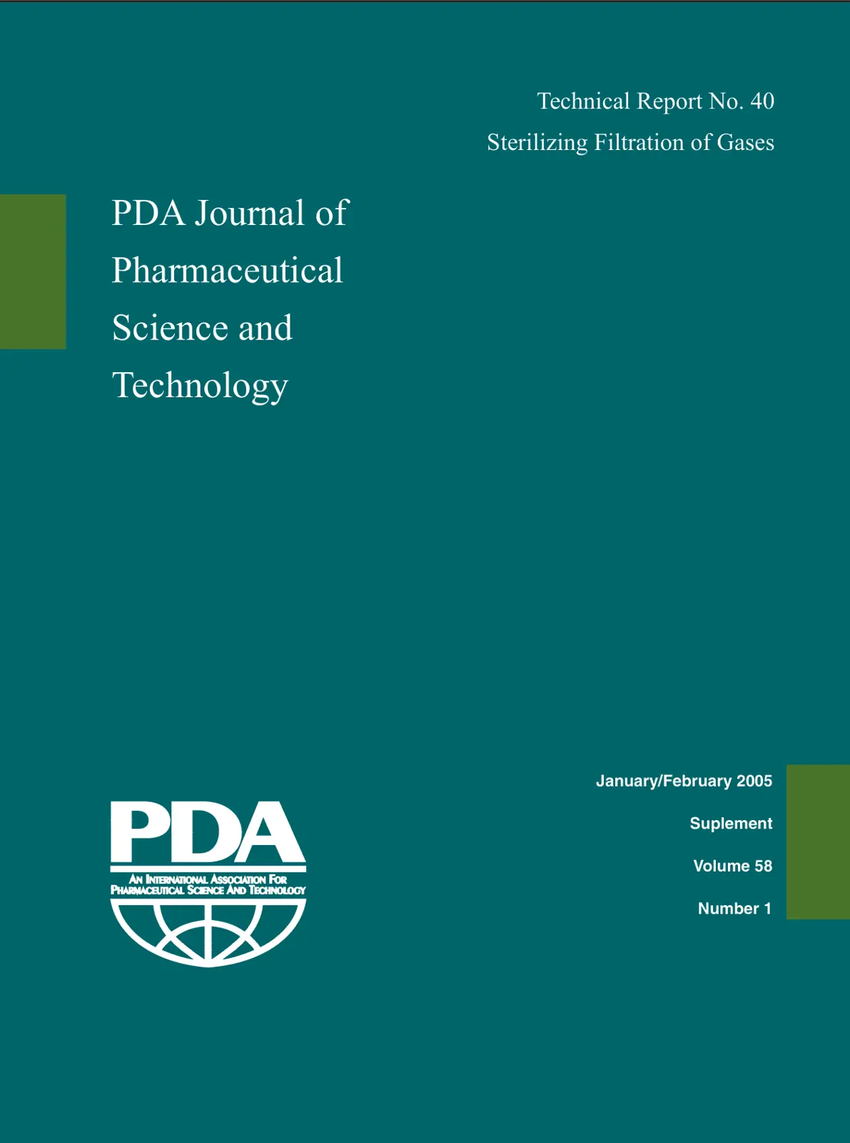 غلاف تقرير PDA Journal of Pharmaceutical Science and Technology - Technical Report No. 40: Sterilizing Filtration of Gases