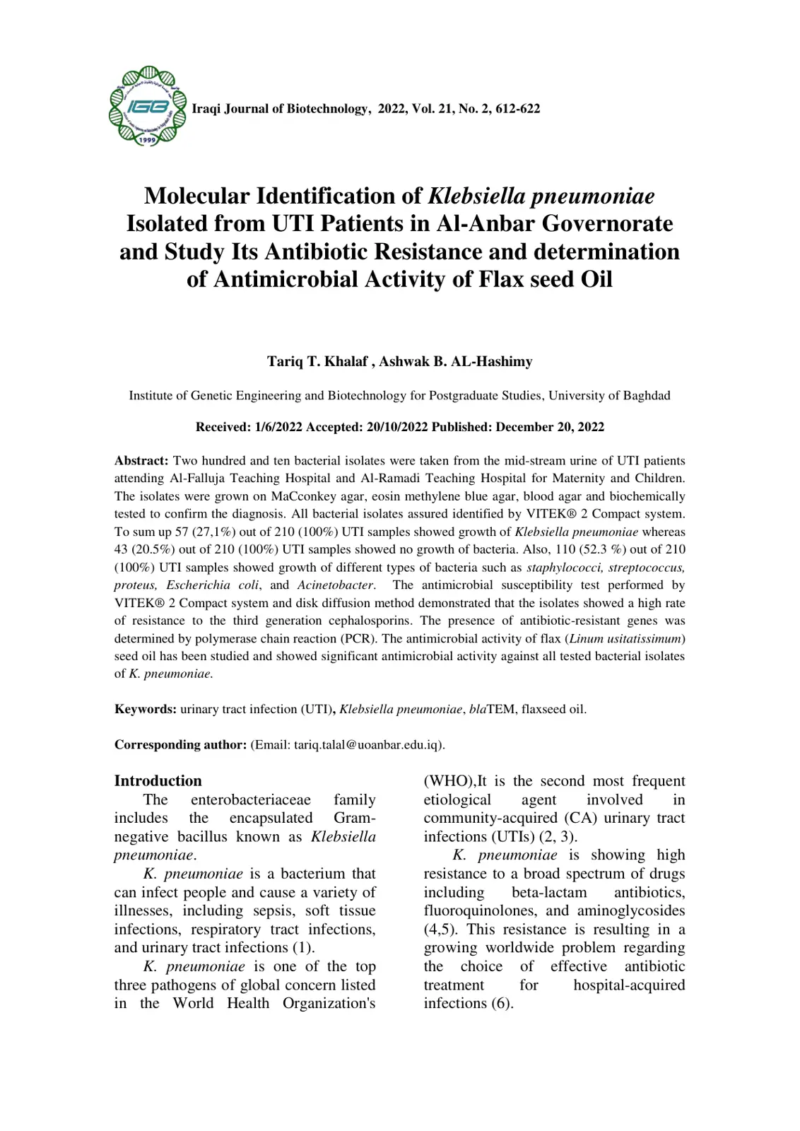 غلاف تقرير Molecular Identification of Klebsiella pneumoniae Isolated from UTI Patients in Al-Anbar Governorate and Study Its Antibiotic Resistance and determination of Antimicrobial Activity of Flax seed Oil