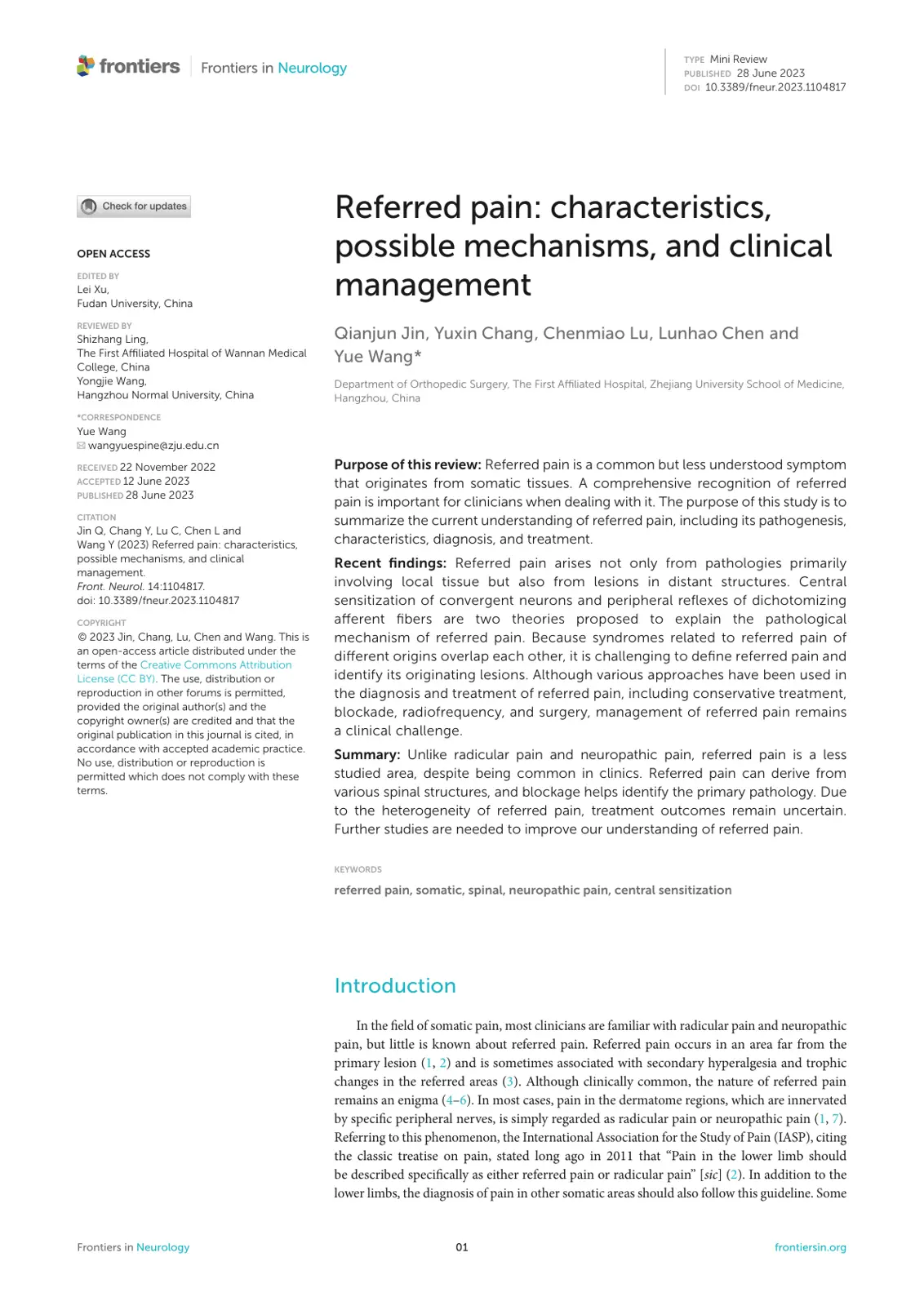 غلاف تقرير Referred pain: characteristics, possible mechanisms, and clinical management