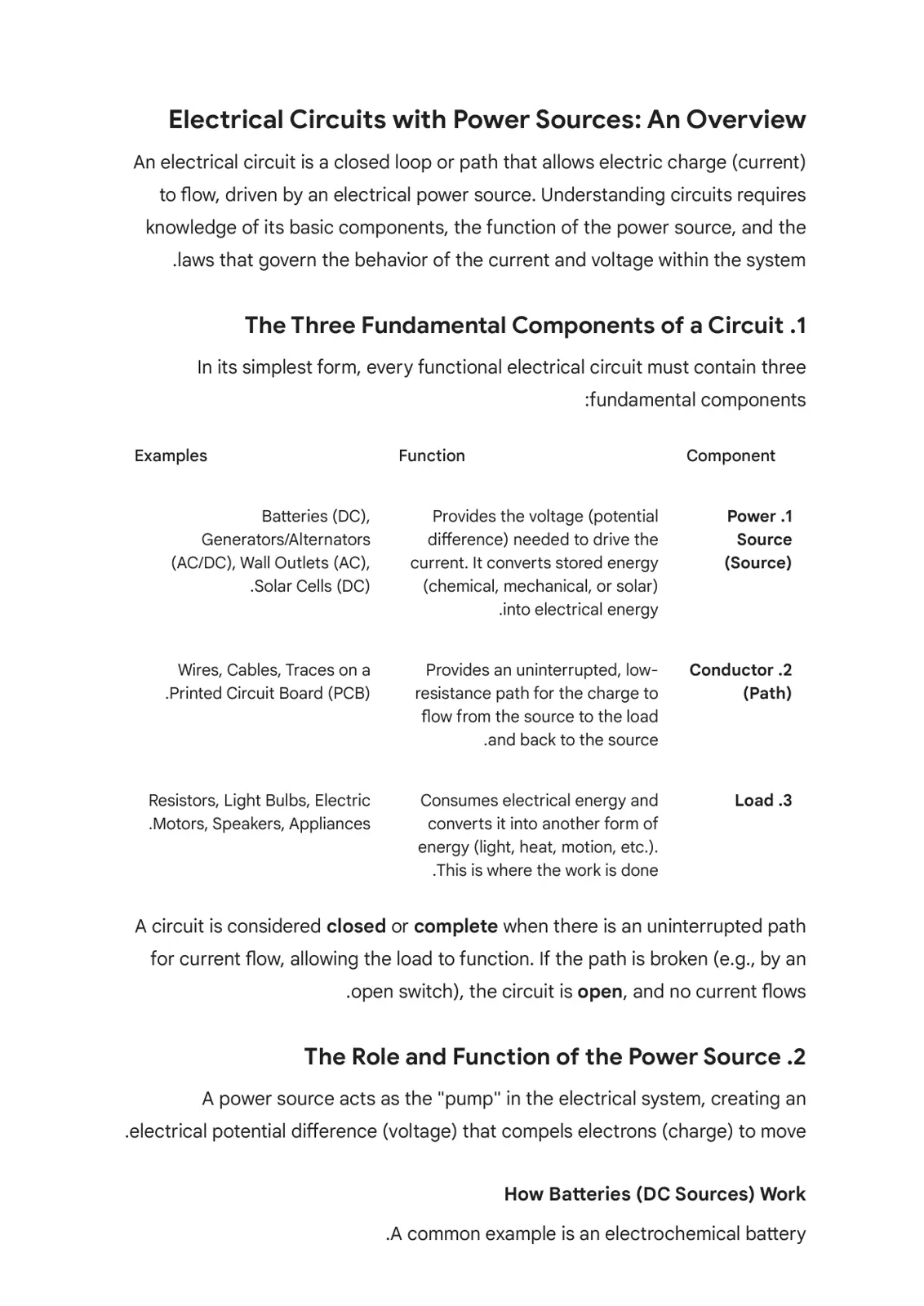 غلاف تقرير Electrical Circuits with Power Sources: An Overview