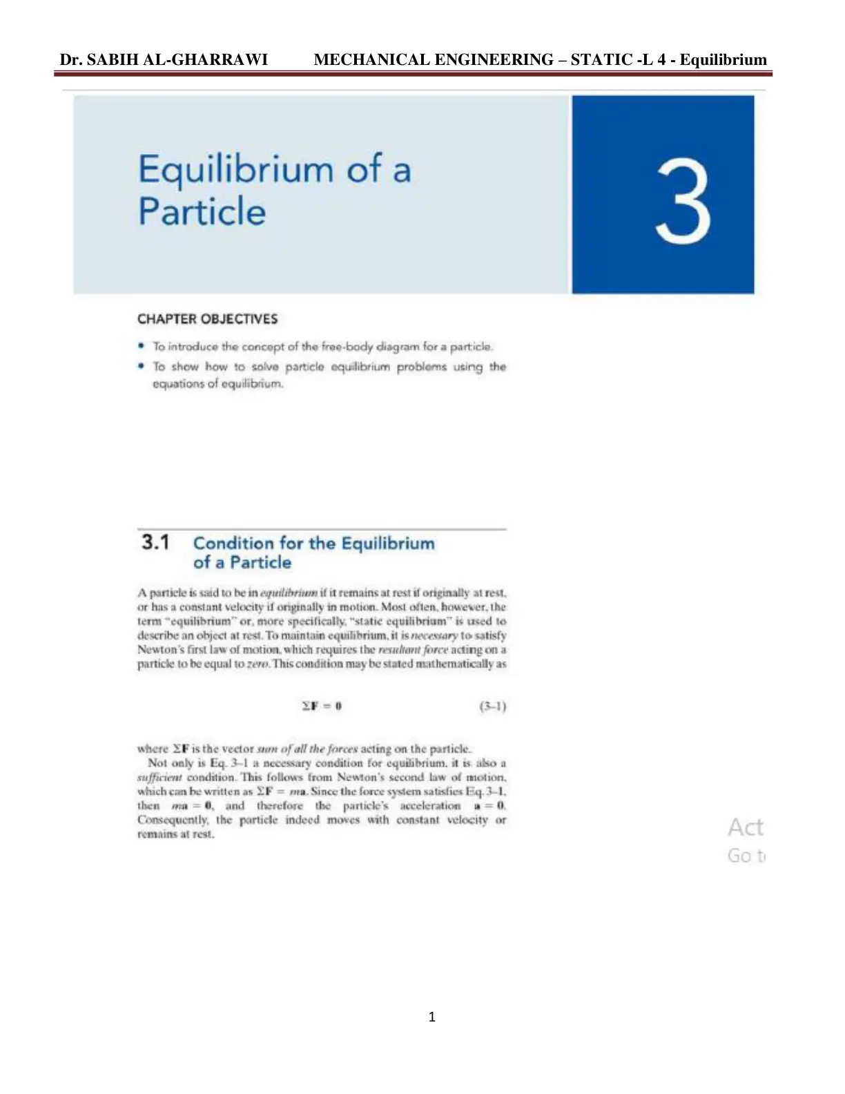 غلاف تقرير MECHANICAL ENGINEERING - STATIC -L 4 - Equilibrium of a Particle
