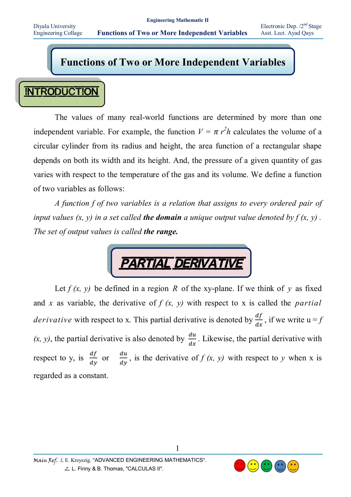 غلاف تقرير Functions of Two or More Independent Variables