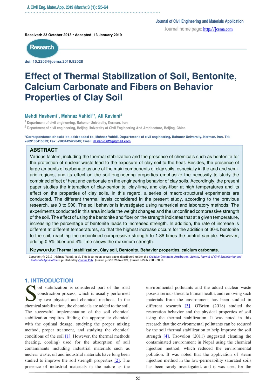 غلاف تقرير Effect of Thermal Stabilization of Soil, Bentonite, Calcium Carbonate and Fibers on Behavior Properties of Clay Soil