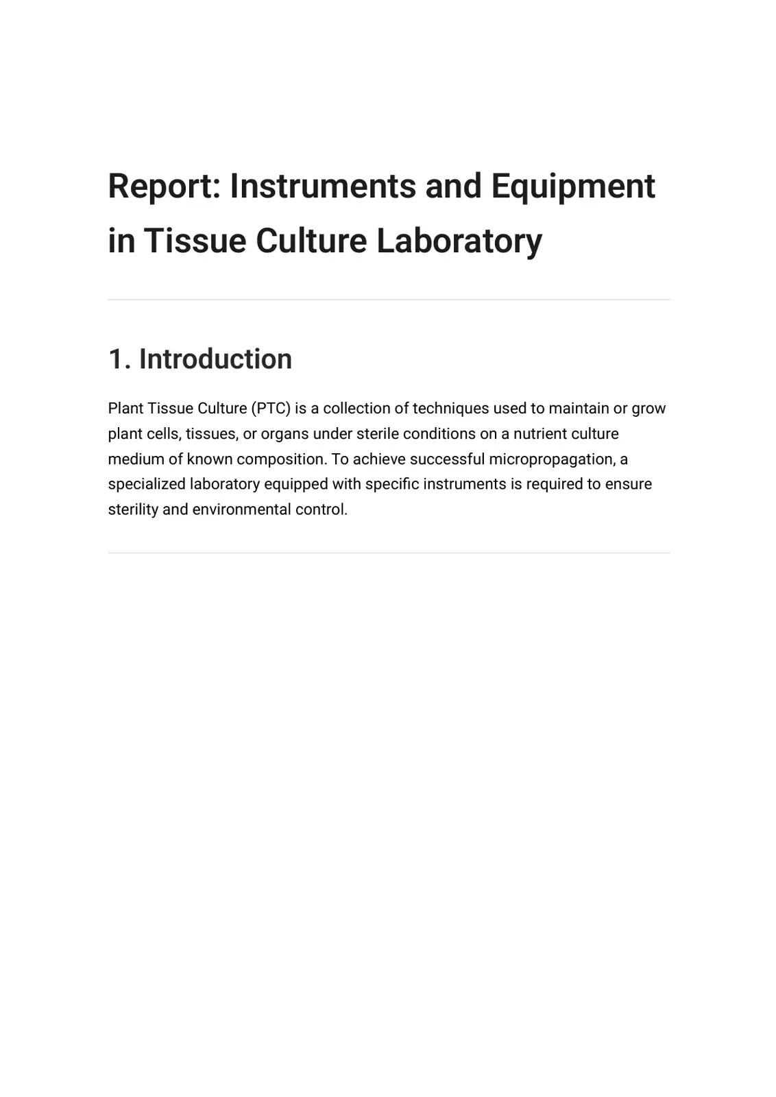 غلاف تقرير Report: Instruments and Equipment in Tissue Culture Laboratory