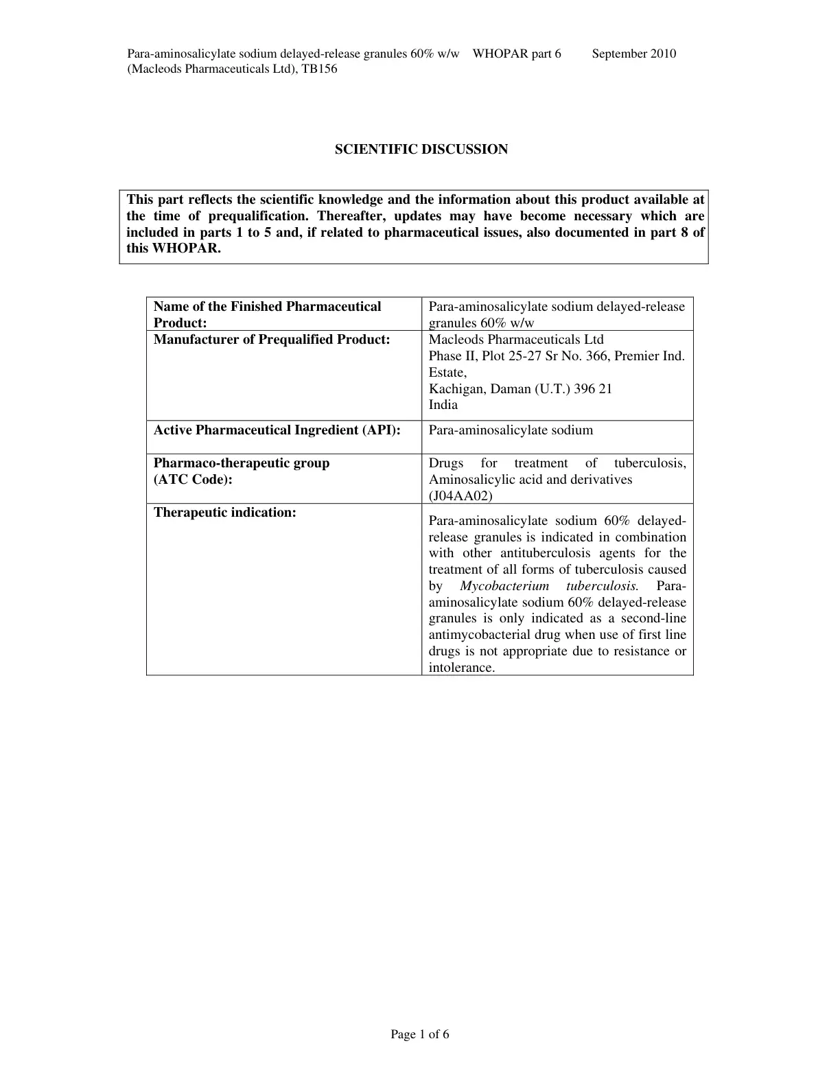 غلاف تقرير WHOPAR part 6 - Scientific Discussion - TB156 (Para-aminosalicylate sodium delayed-release granules 60% w/w)