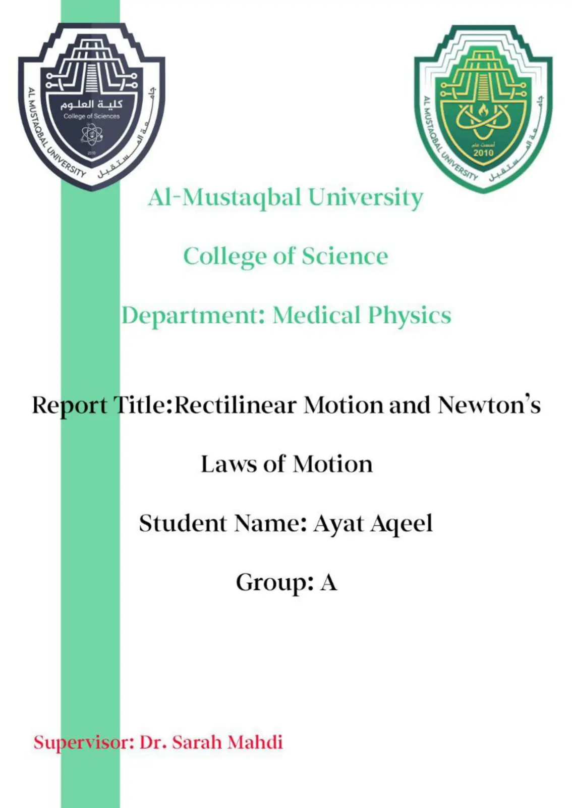 غلاف تقرير Rectilinear Motion and Newton's Laws of Motion