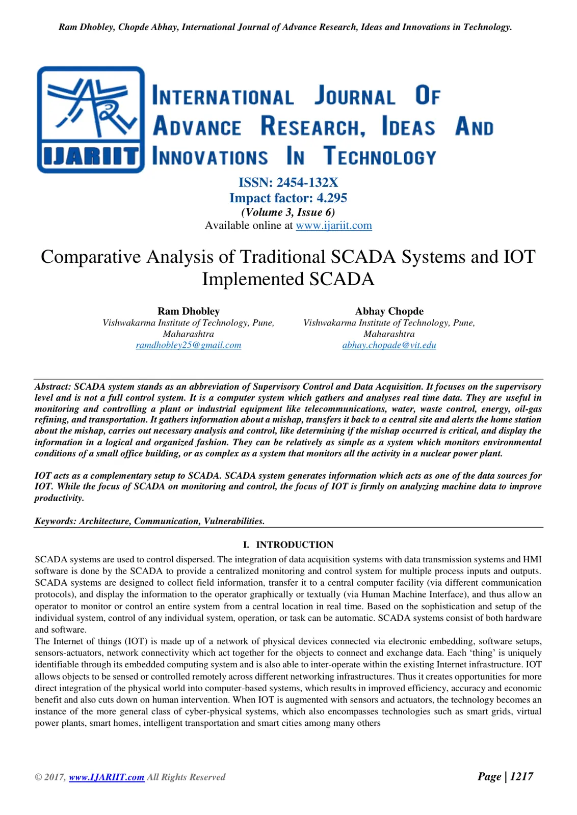 غلاف تقرير Comparative Analysis of Traditional SCADA Systems and IoT Implemented SCADA