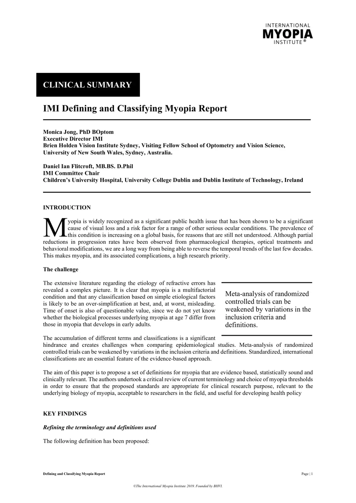 غلاف تقرير IMI Defining and Classifying Myopia Report