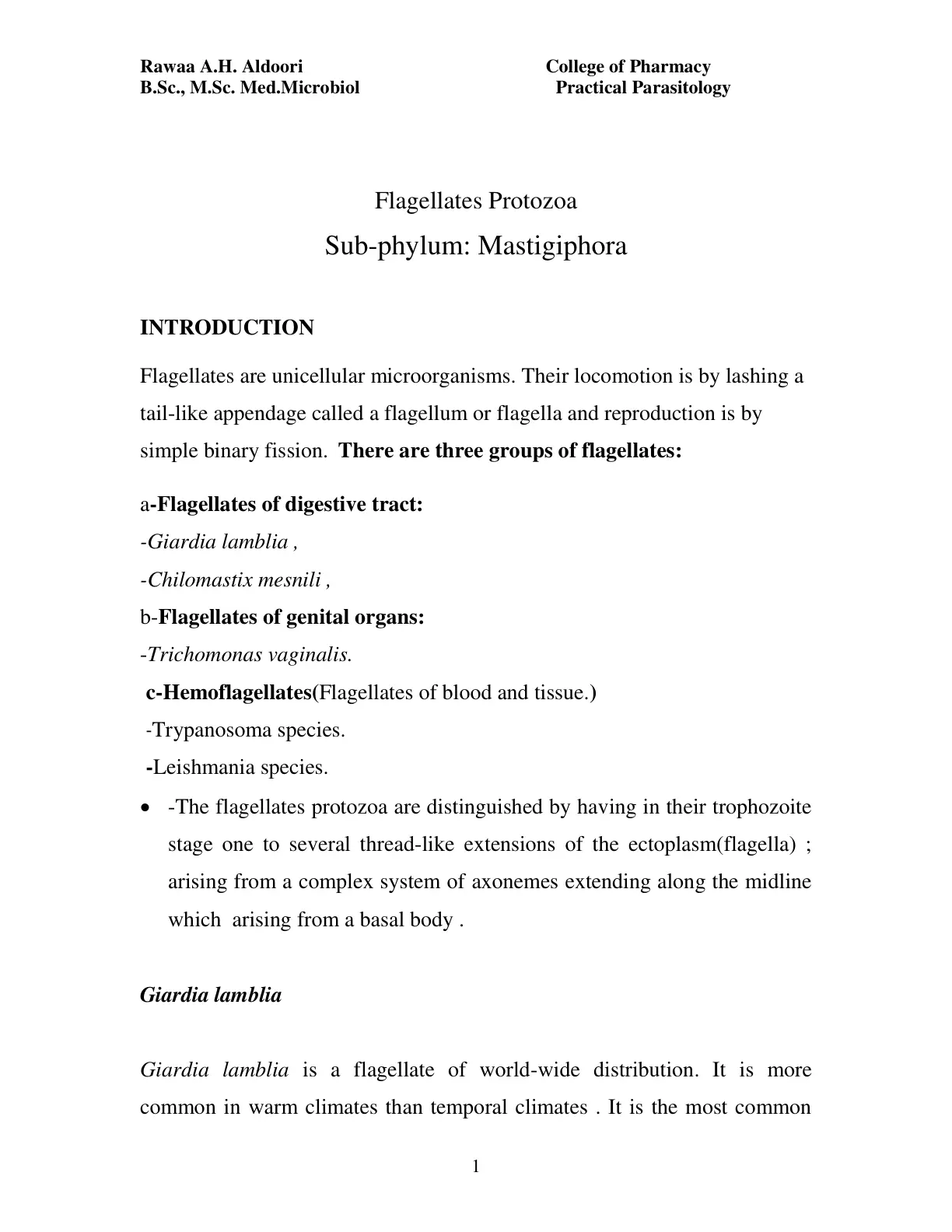 غلاف تقرير Practical Parasitology Flagellates Protozoa