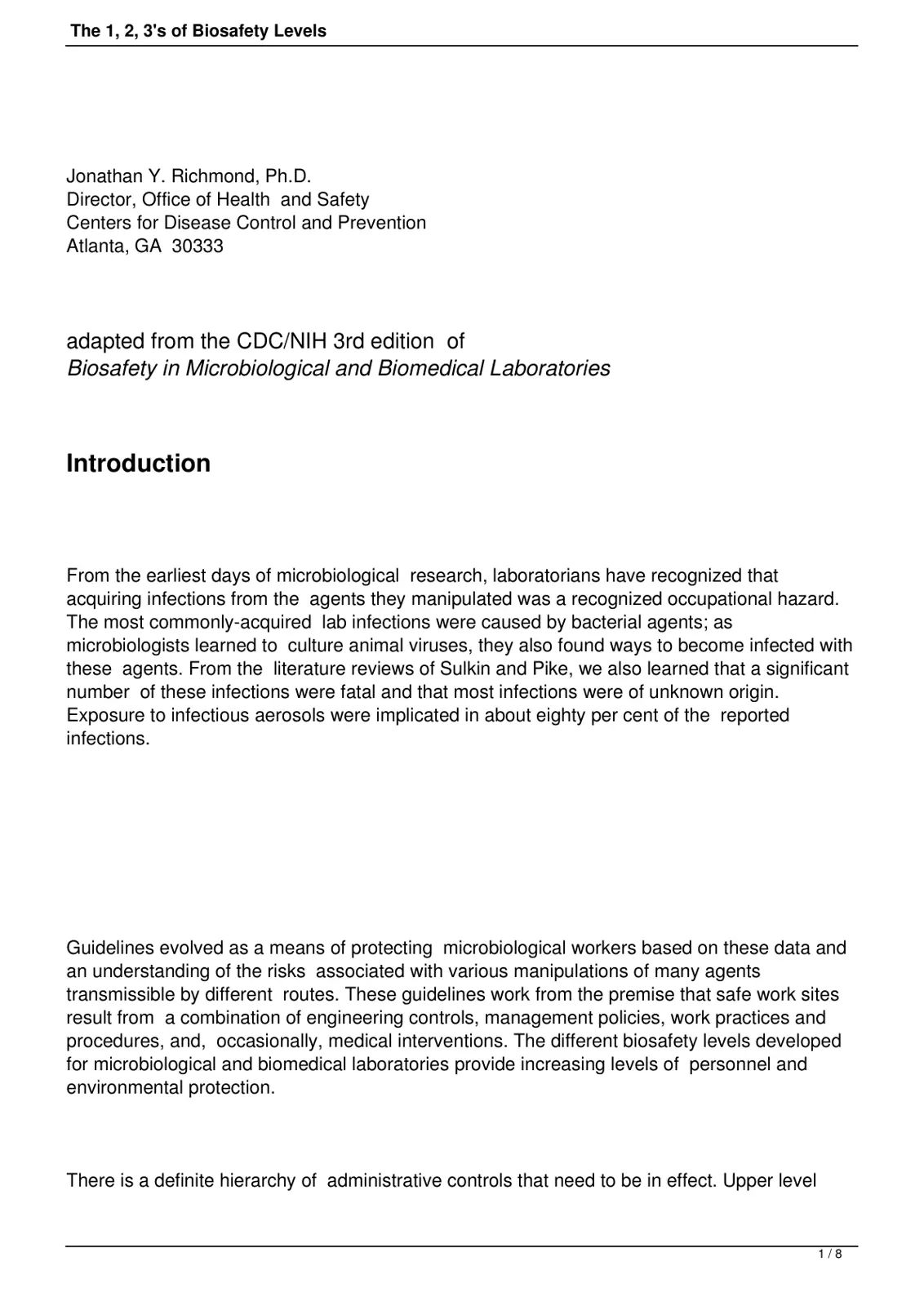 غلاف تقرير The 1, 2, 3's of Biosafety Levels