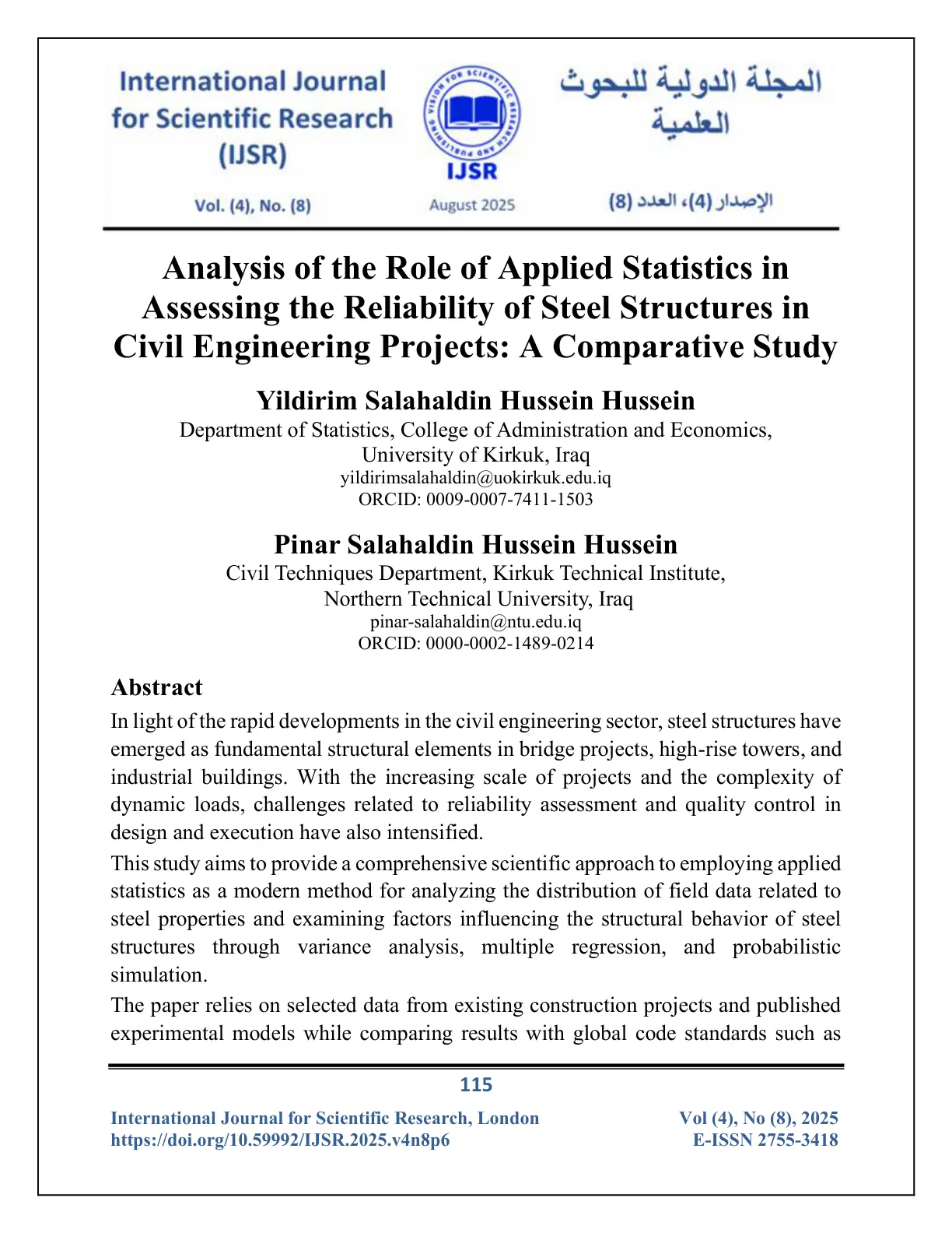 غلاف تقرير Analysis of the Role of Applied Statistics in Assessing the Reliability of Steel Structures in Civil Engineering Projects: A Comparative Study