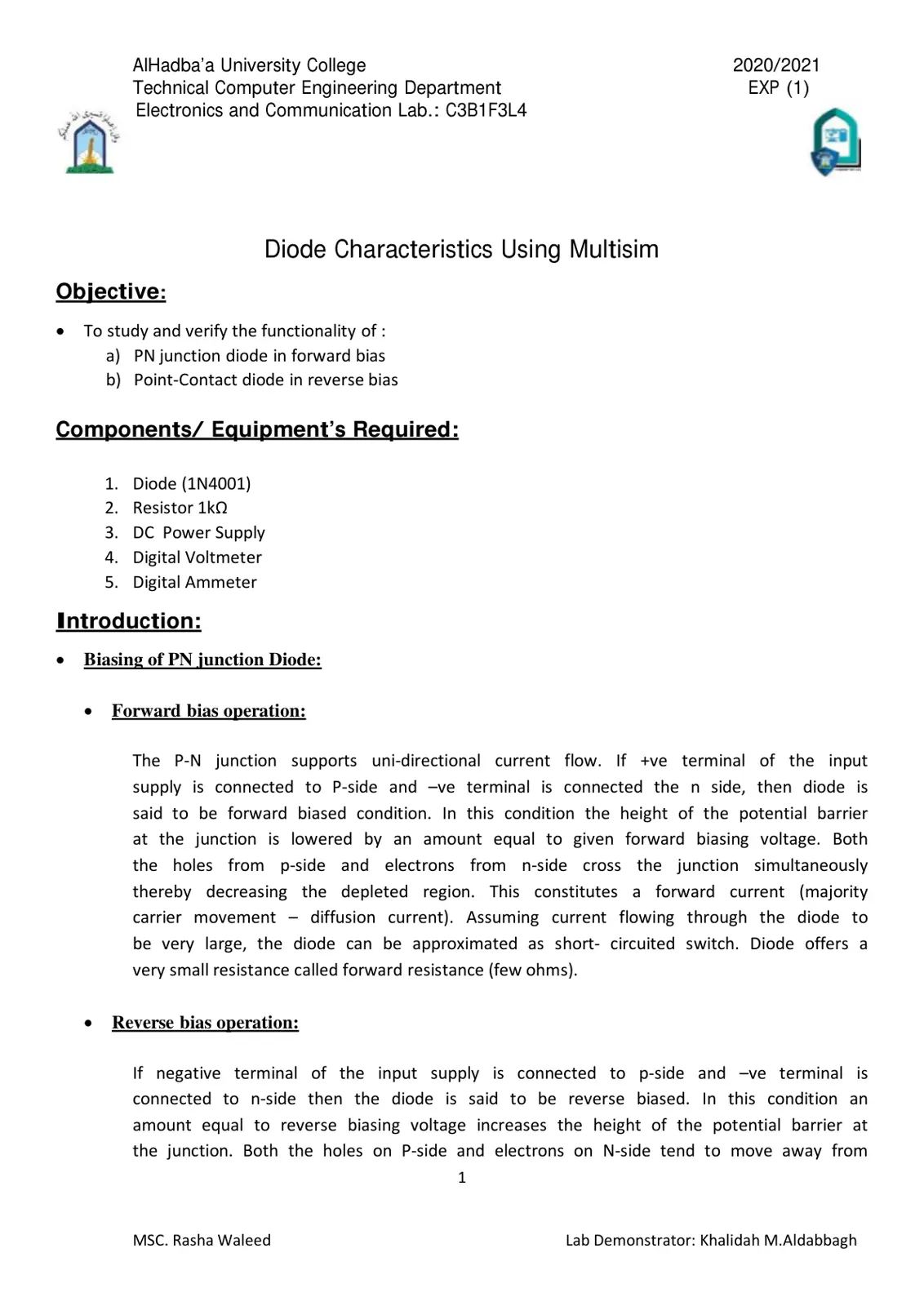 غلاف تقرير Diode Characteristics Using Multisim