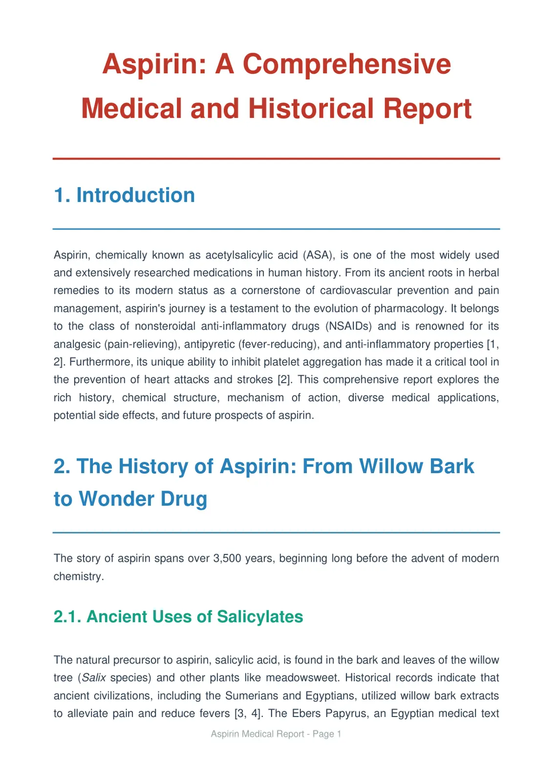 غلاف تقرير Aspirin: A Comprehensive Medical and Historical Report