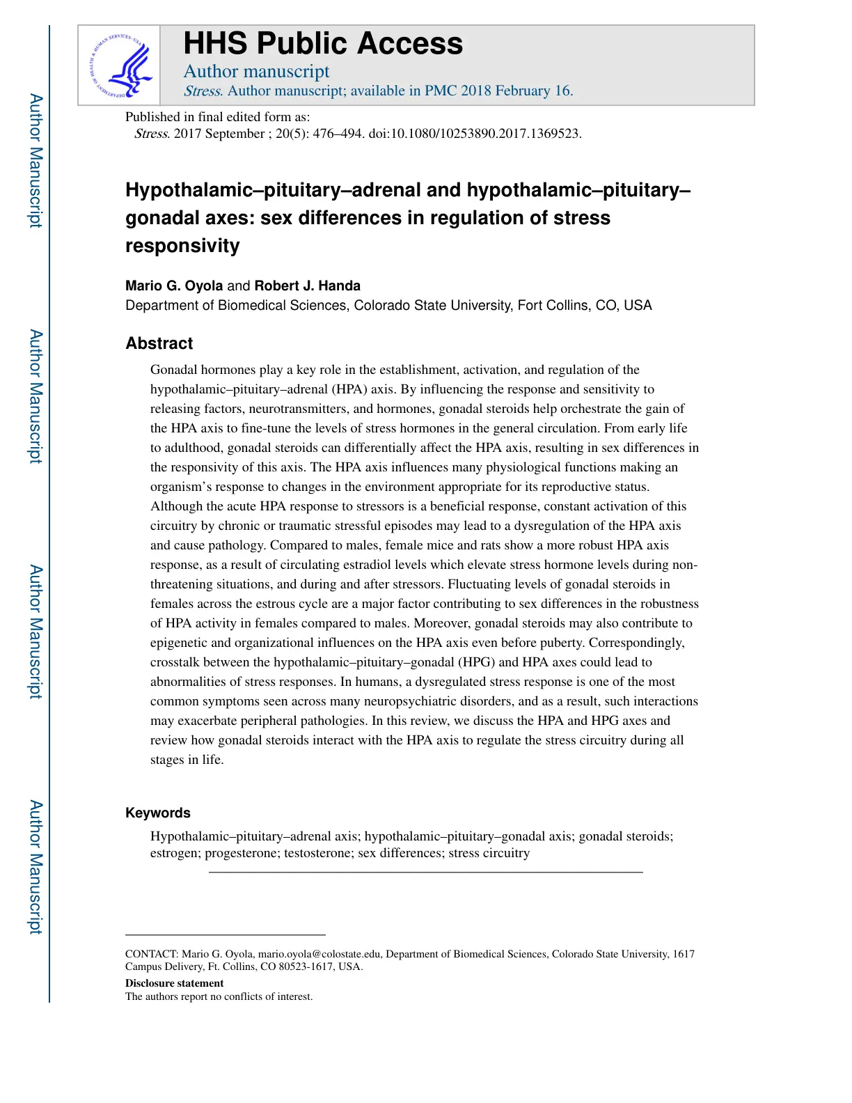 غلاف تقرير Hypothalamic-pituitary-adrenal and hypothalamic-pituitary-gonadal axes: sex differences in regulation of stress responsivity
