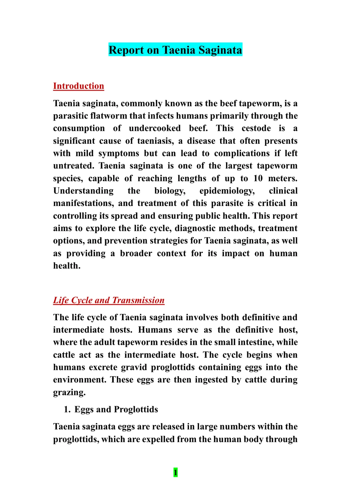غلاف تقرير Report on Taenia Saginata