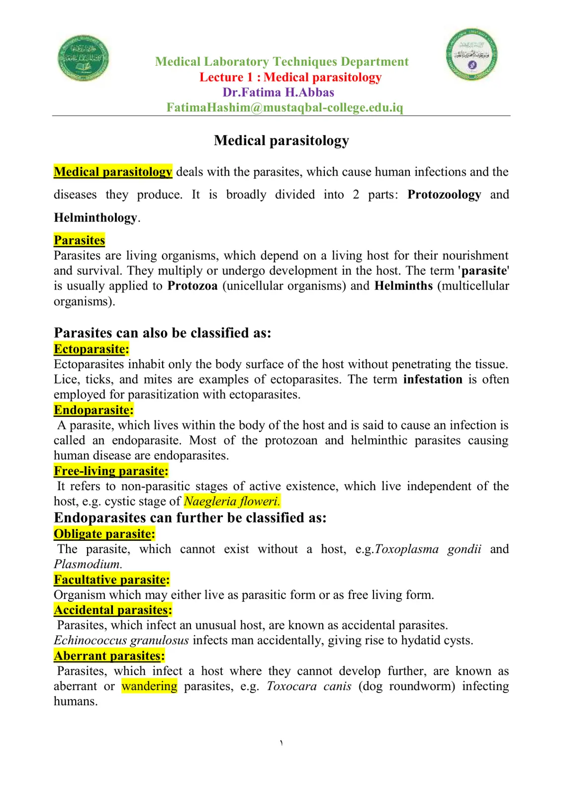 غلاف تقرير Medical Parasitology - Lecture 1