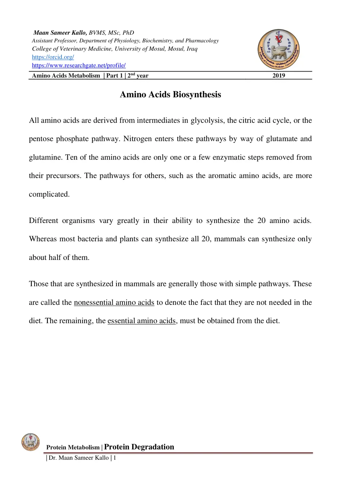 غلاف تقرير Amino Acids Metabolism | Part 1 | Amino Acids Biosynthesis