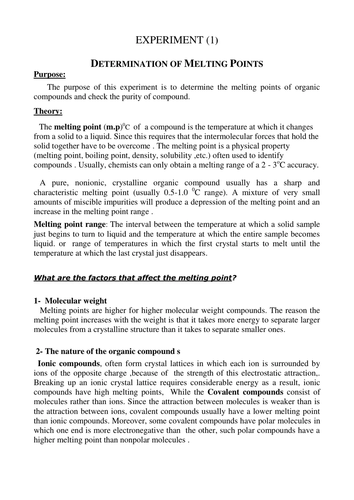 غلاف تقرير Experiment (1) Determination of Melting Points