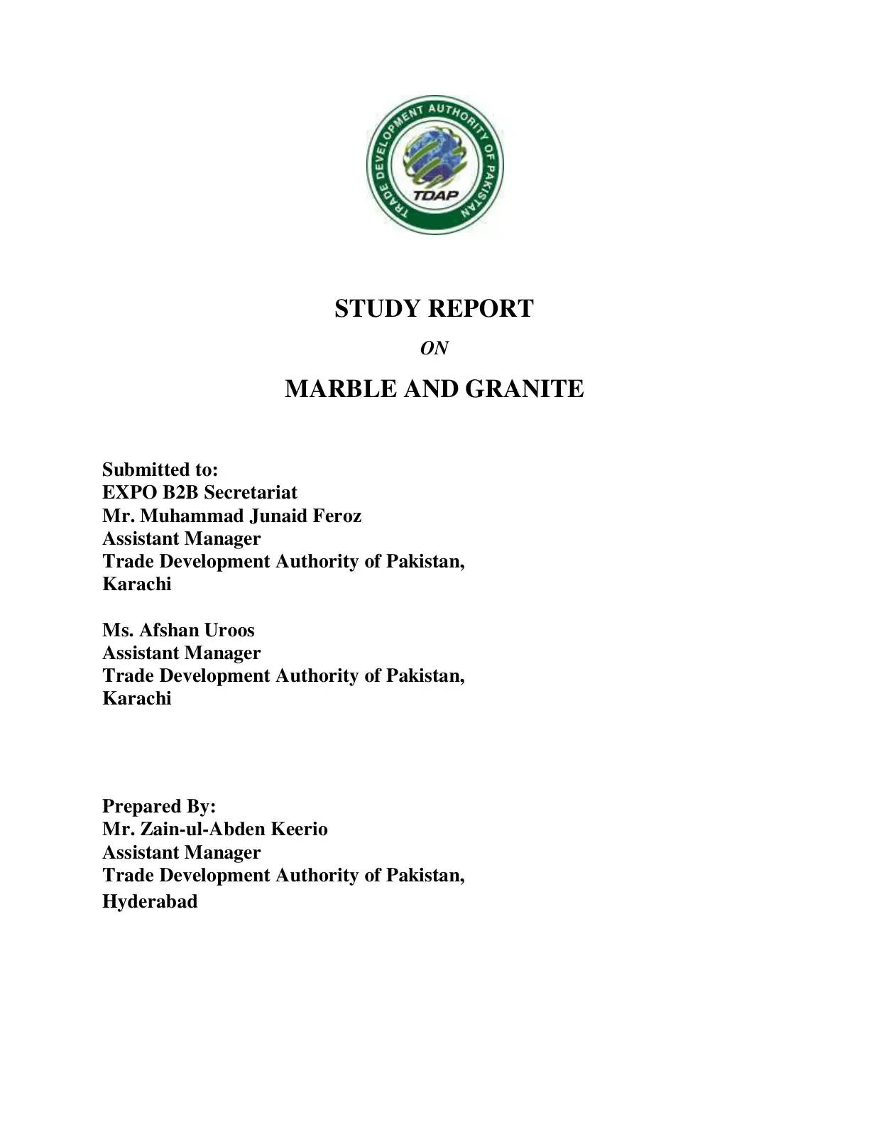 غلاف تقرير STUDY REPORT ON MARBLE AND GRANITE