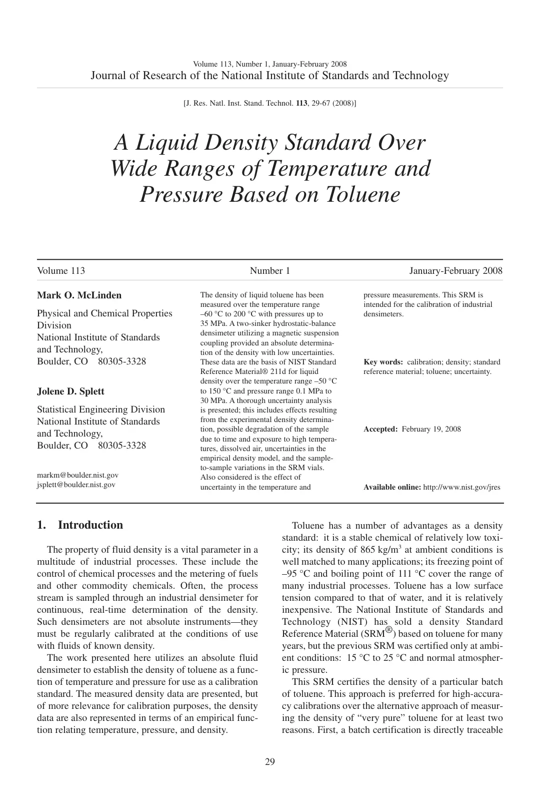 غلاف تقرير A Liquid Density Standard Over Wide Ranges of Temperature and Pressure Based on Toluene