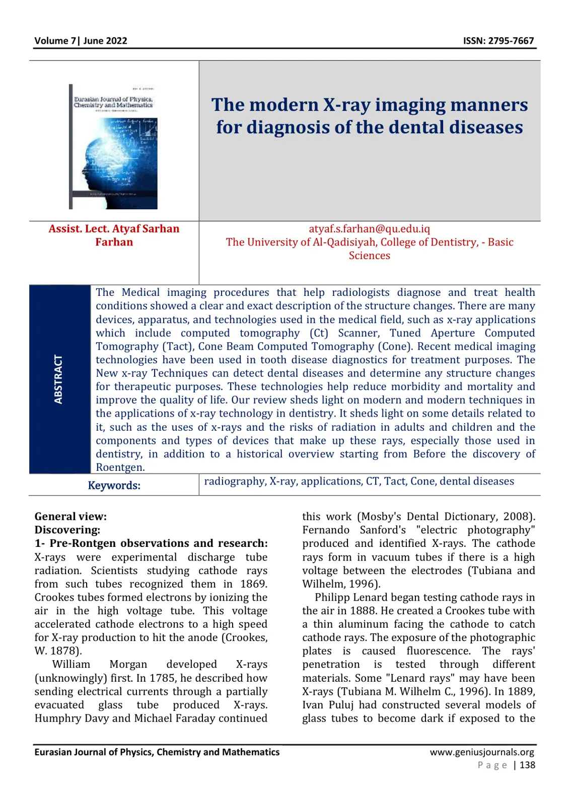 غلاف تقرير The modern X-ray imaging manners for diagnosis of the dental diseases