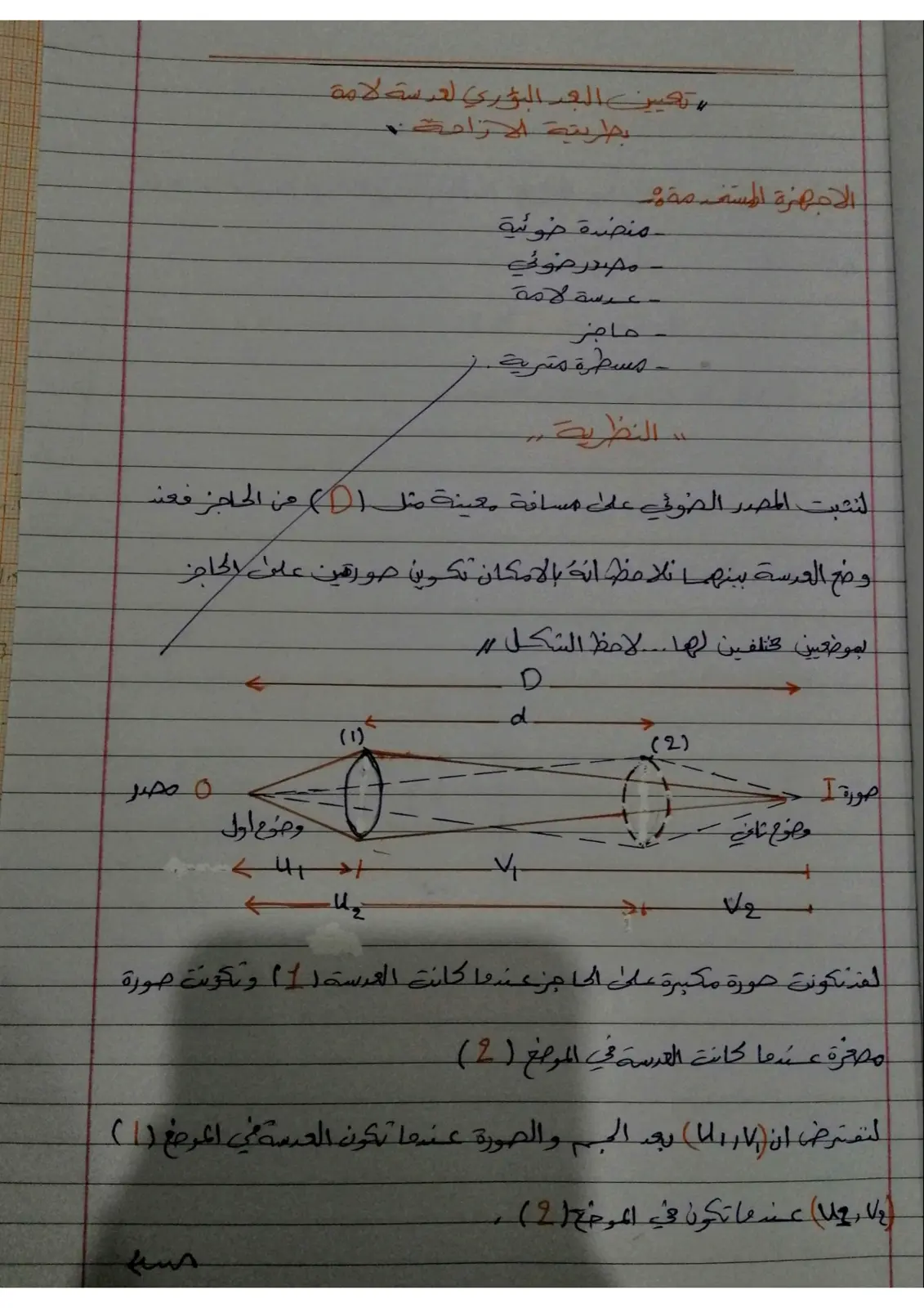 غلاف تقرير تعيين البعد البؤري لعدسة لامة بطريقة الإزاحة