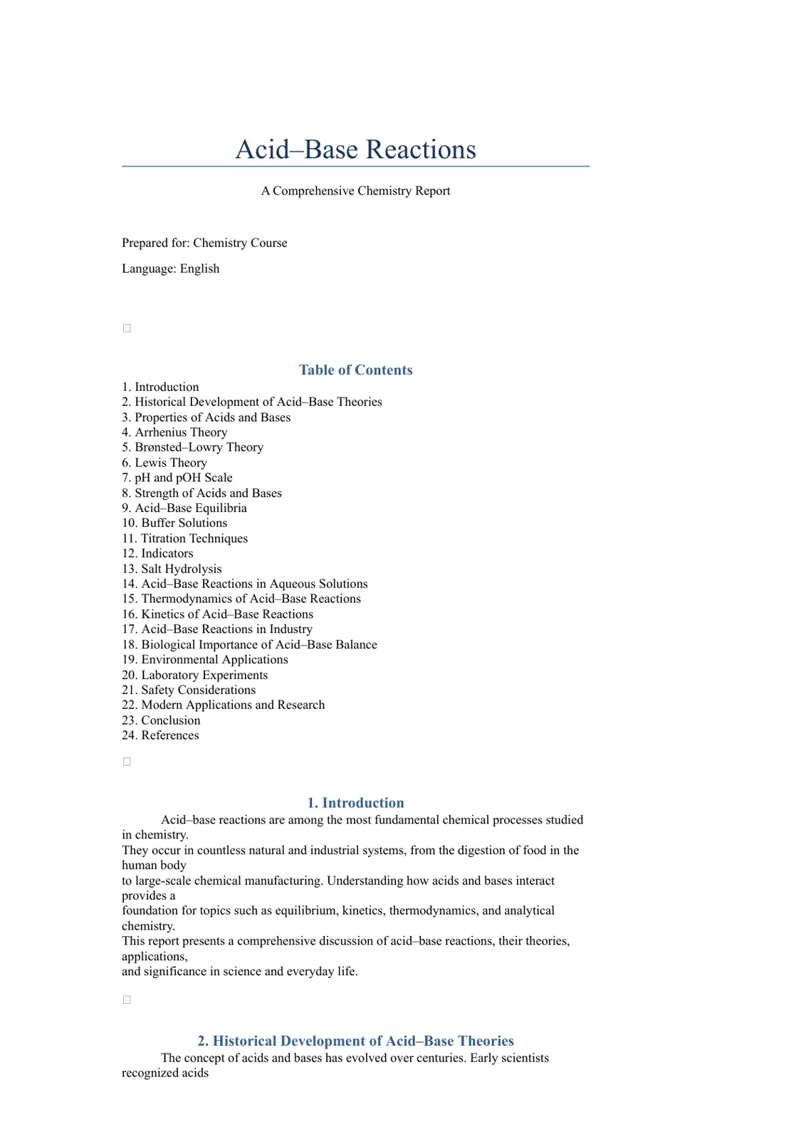 غلاف تقرير Acid-Base Reactions: A Comprehensive Chemistry Report