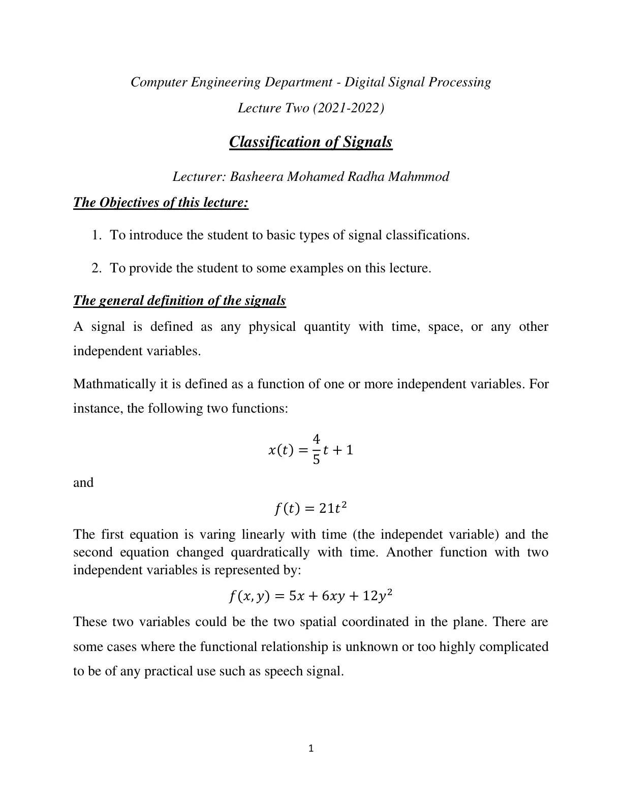غلاف تقرير Classification of Signals
