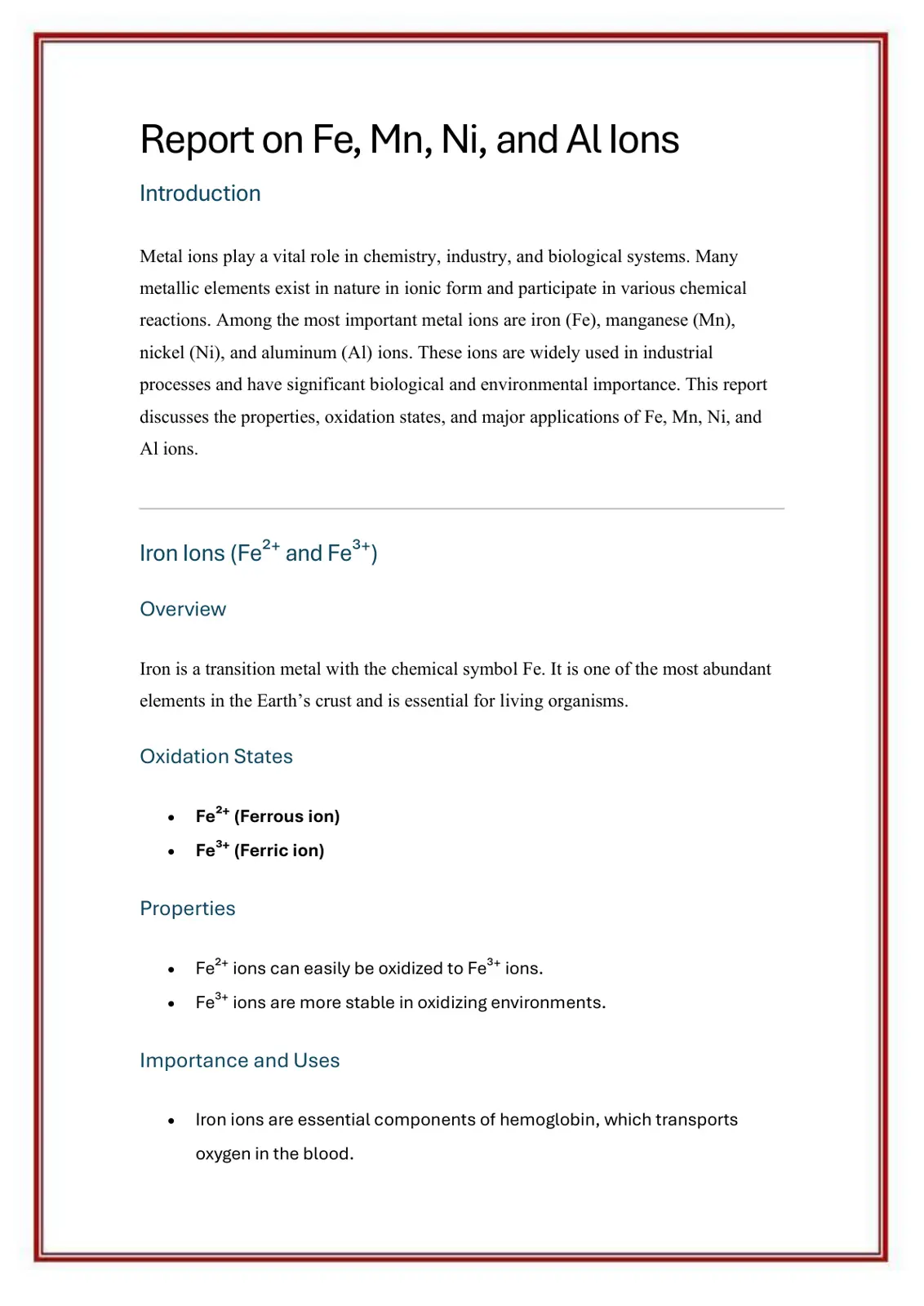 غلاف تقرير Report on Fe, Mn, Ni, and Al Ions