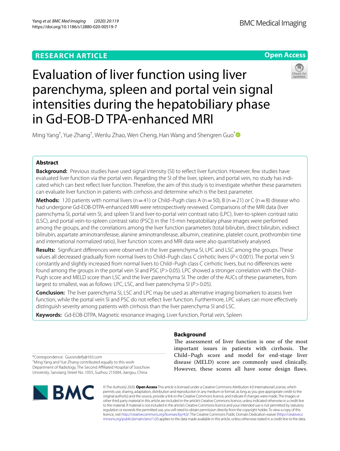 غلاف تقرير Evaluation of liver function using liver parenchyma, spleen and portal vein signal intensities during the hepatobiliary phase in Gd-EOB-DTPA-enhanced MRI