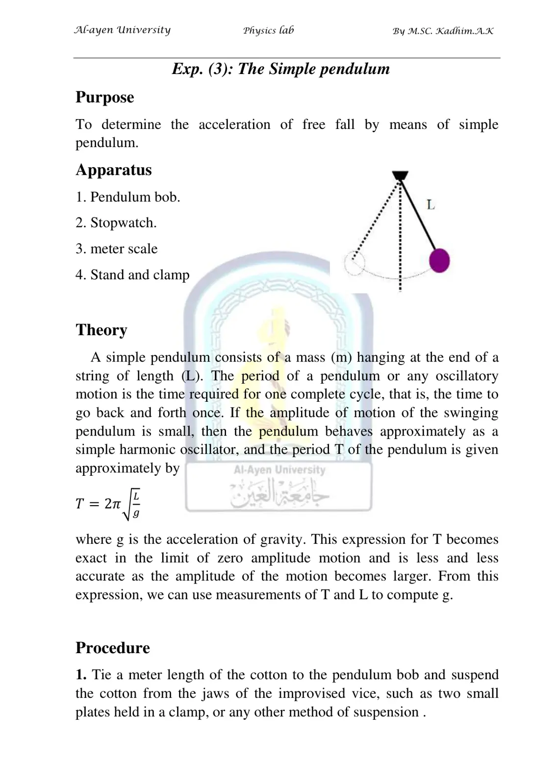 غلاف تقرير Exp. (3): The Simple pendulum