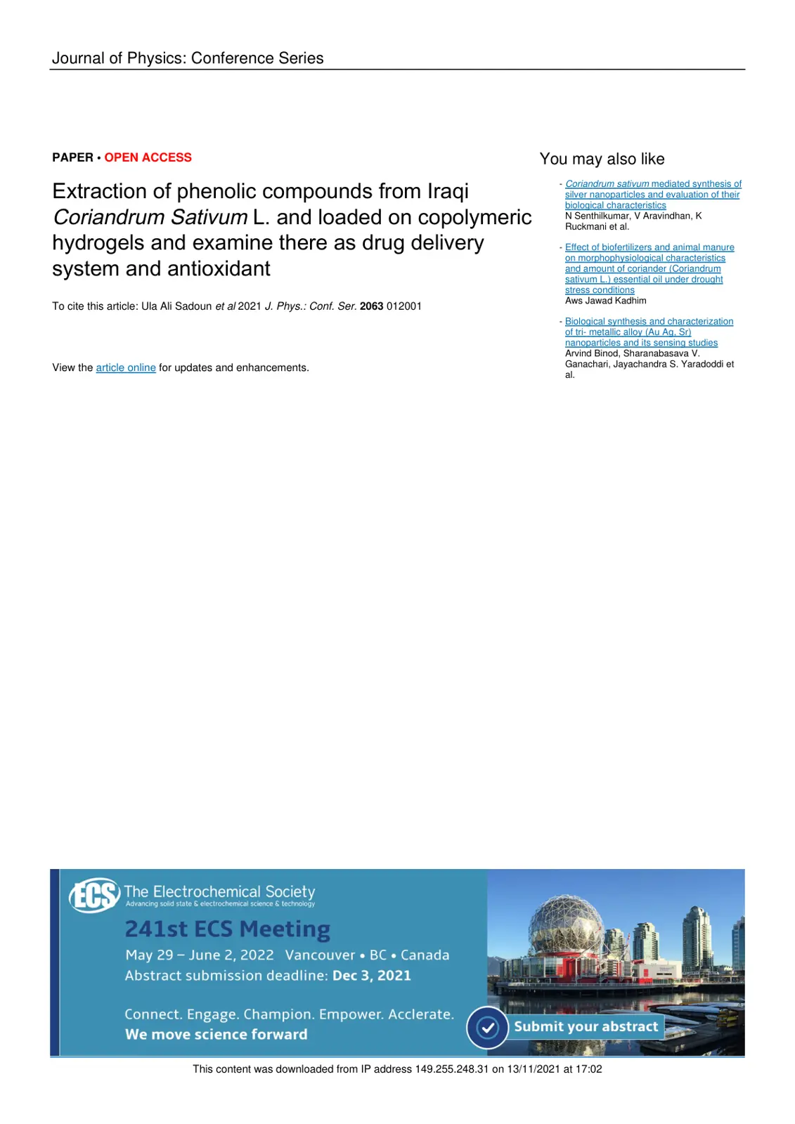 غلاف تقرير Extraction of Phenolic Compounds from Iraqi Coriandrum Sativum L.