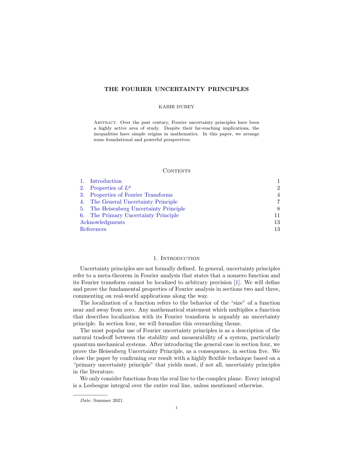 غلاف تقرير THE FOURIER UNCERTAINTY PRINCIPLES