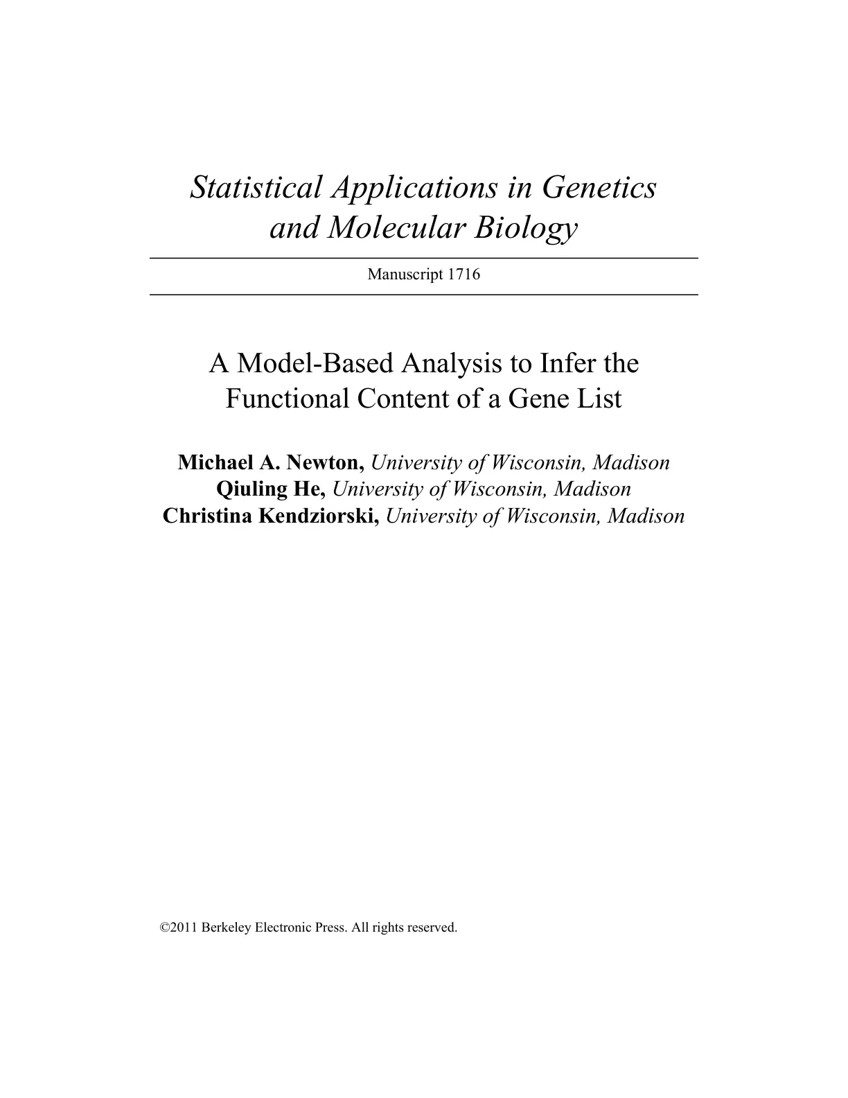 غلاف تقرير A Model-Based Analysis to Infer the Functional Content of a Gene List