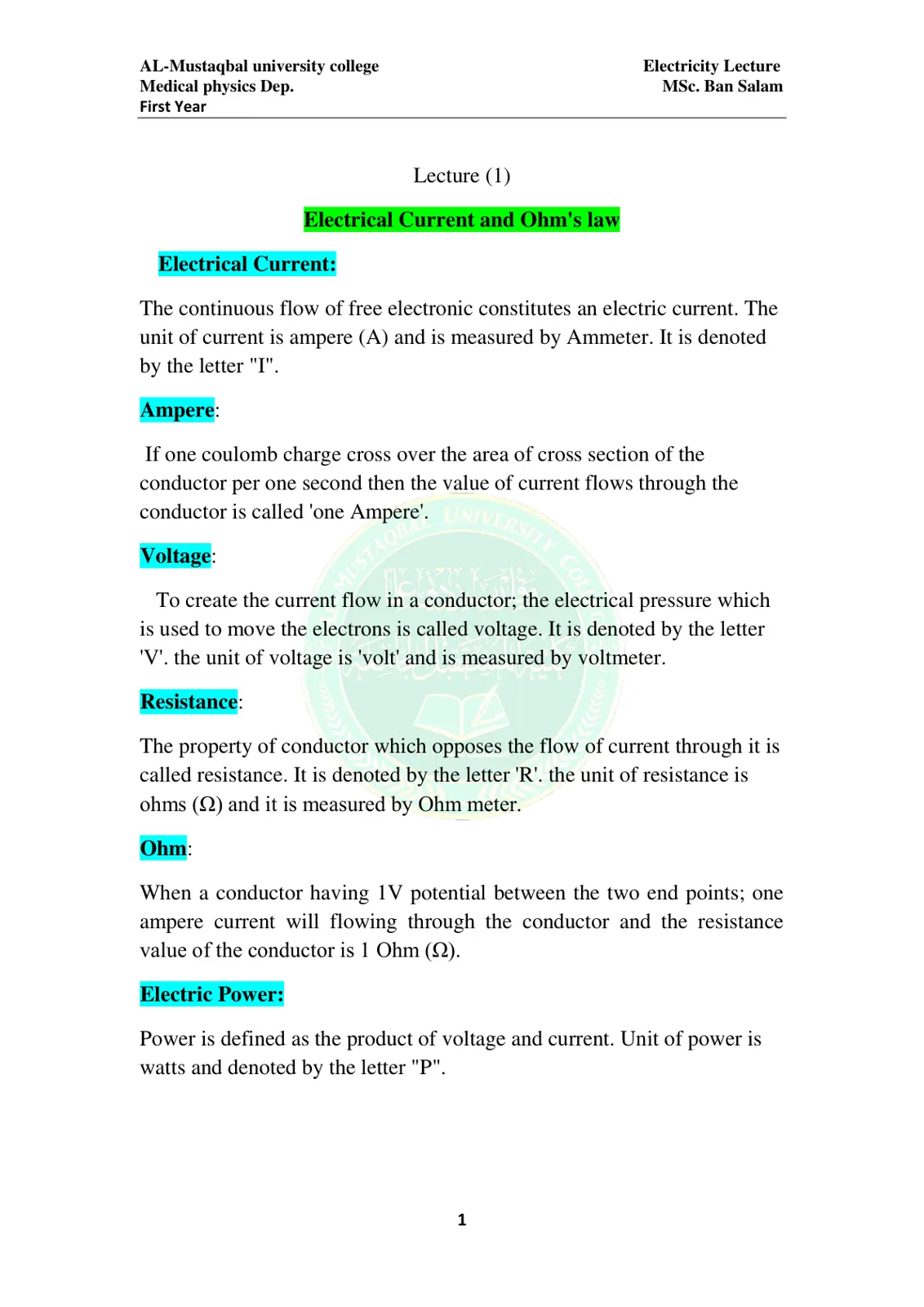 غلاف تقرير Electrical Current and Ohm's law