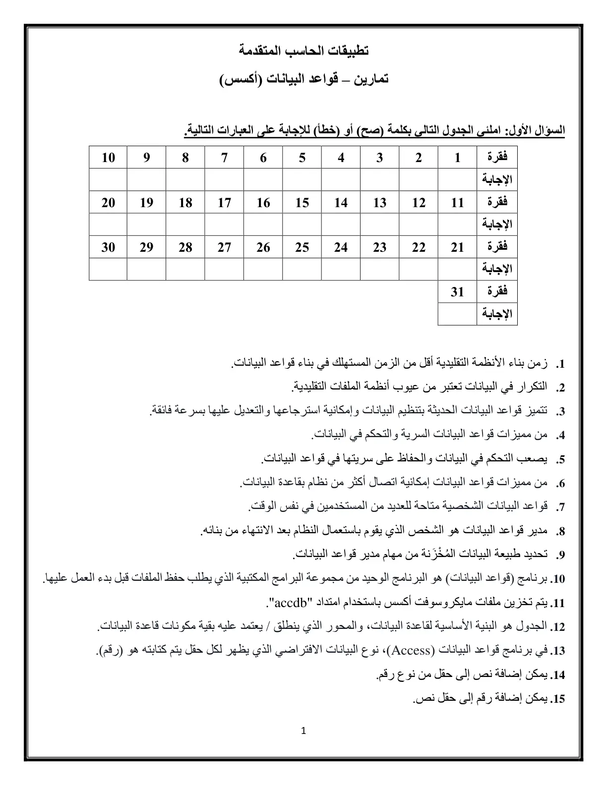 غلاف تقرير تطبيقات الحاسب المتقدمة: تمارين قواعد البيانات (أكسس)