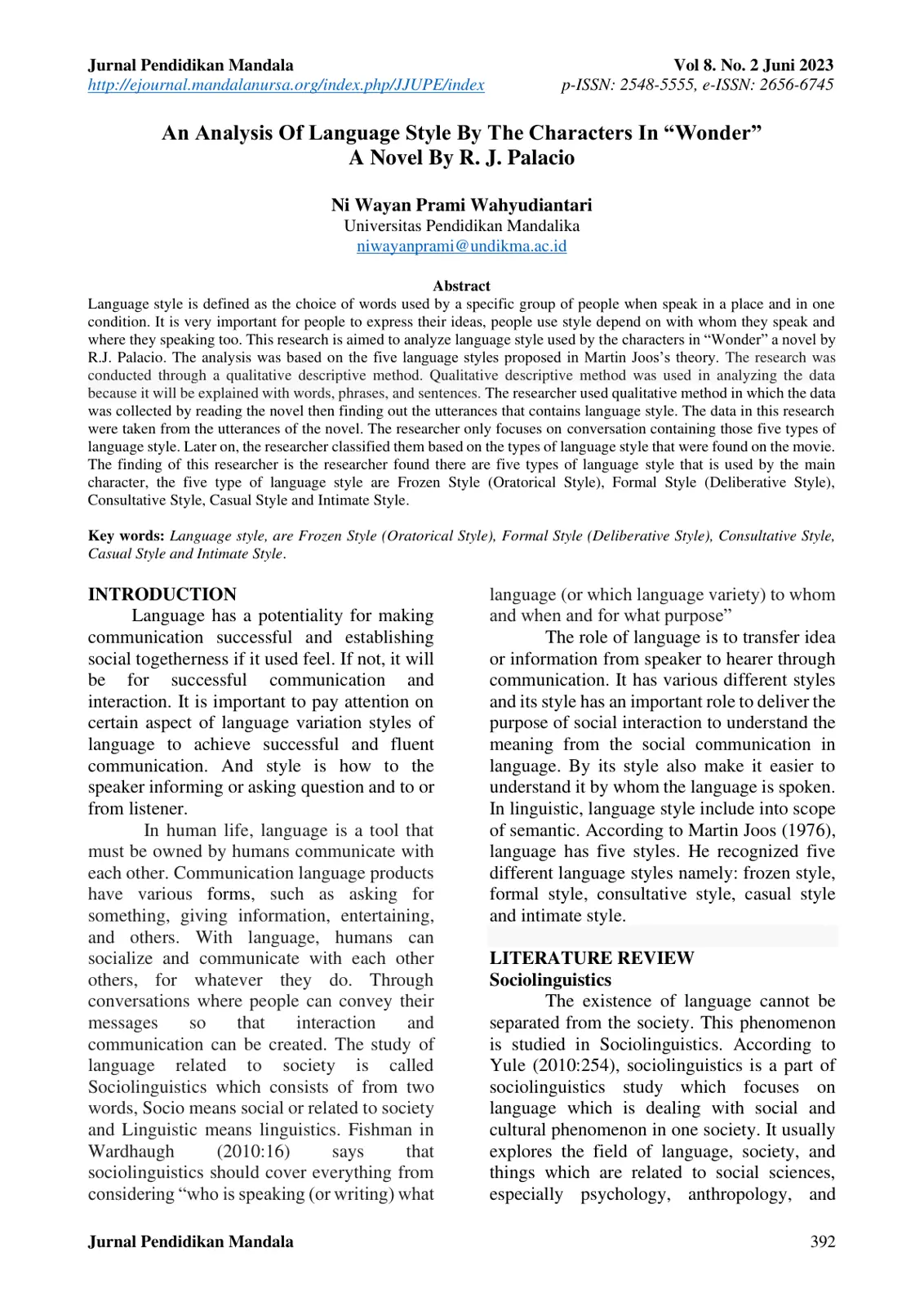 غلاف تقرير An Analysis Of Language Style By The Characters In "Wonder" A Novel By R. J. Palacio