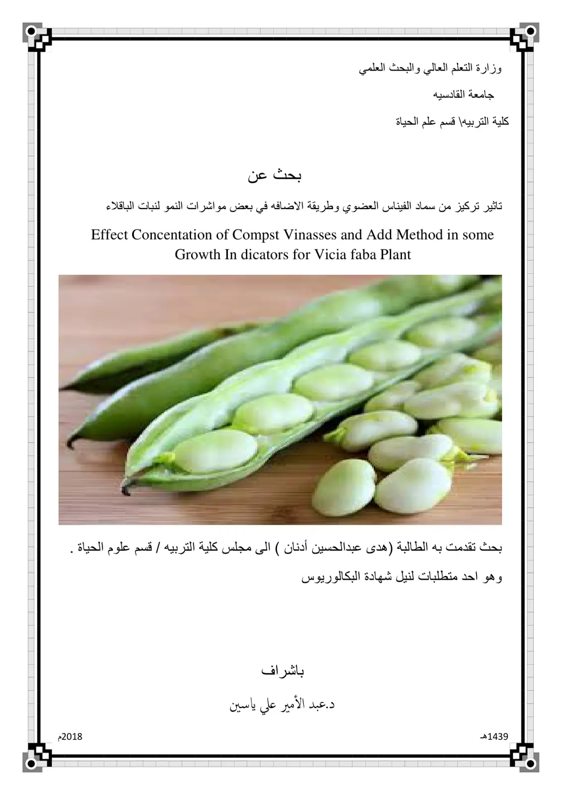 غلاف تقرير تأثير تركيز من سماد الفيناس العضوي وطريقة الإضافة في بعض مؤشرات النمو لنبات الباقلاء
