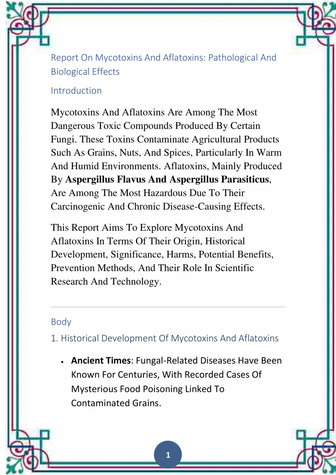 غلاف تقرير Report On Mycotoxins And Aflatoxins: Pathological And Biological Effects