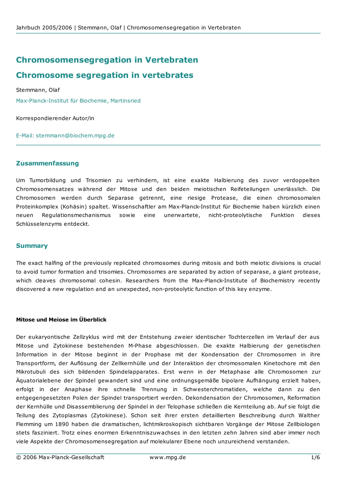 غلاف تقرير Chromosomensegregation in Vertebraten